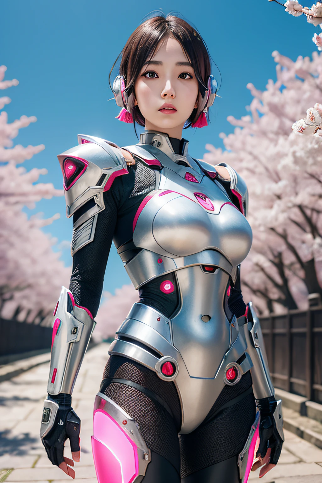 beautiful japanese young woman, wearing cyborg armor, thick symmetrical features, very short hair, background is cherry blossoms, pink aura, red lips, octane render,