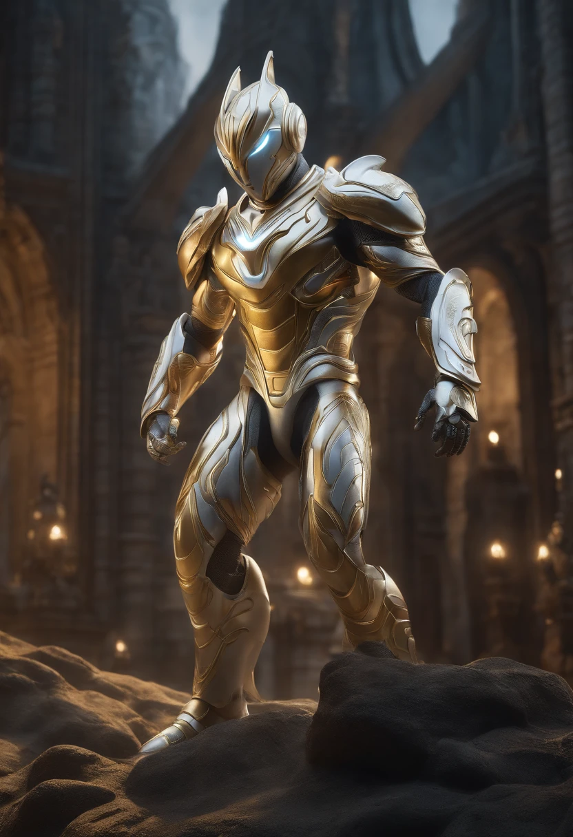 Full body photo of Ultraman in a white and gold armor style suit, White cape, looking at center camera, Perfectcomposition, beautiful detailed intricate insanely detailed octane render trending on artstation, 8 k artistic photography, Arte conceptual fotorrealista, soft natural volumetric cinematic perfect light, Chiaroscuro, an award winning photograph, Masterpiece, oil on the canvas, raffael, Caravaggio, greg rutkovsky, beeple, beksinski, Giger, trending on artstationh, Sharp focus, studio photo, Intricate details, Highly detailed, night city on the background, by Greg Rutkowski