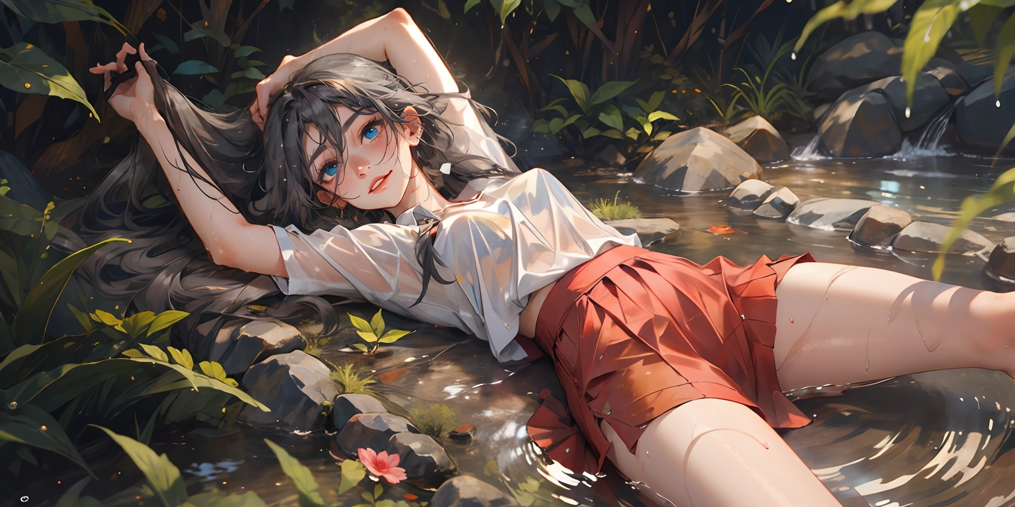 Fu Hua(Rustic Noir), (grey hair, long hair:1.7), (sweating:1.4), 1girl, solo, wet, flower, lying, skirt, wet_clothes, see-through, looking_at_viewer, breasts, red_skirt, wet_shirt, shirt, outdoors, medium_breasts, water, arms_up, pleated_skirt, bare_legs, day, underwear, white_shirt, wet_hair, short_sleeves, leaf, thighs