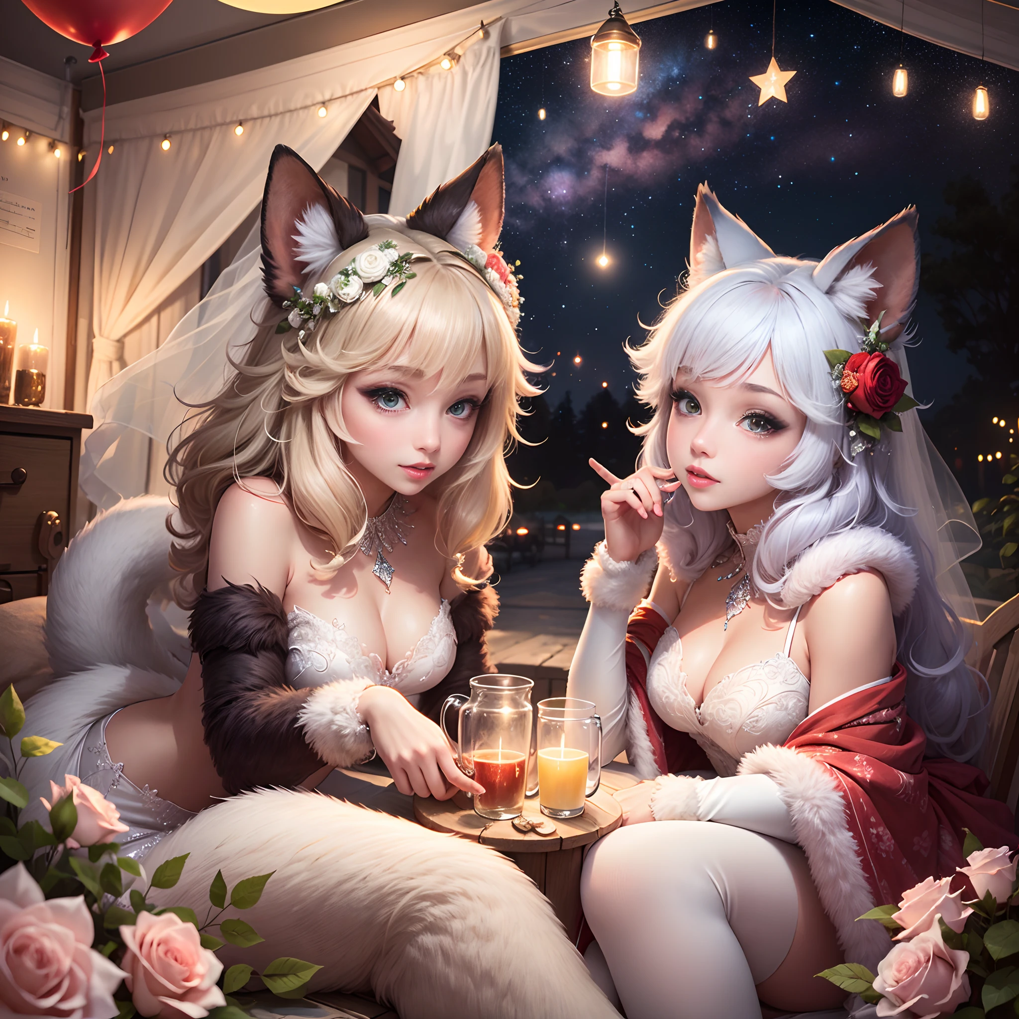 Two beautiful brides, kemono, furry, very detailed body fur, Cute white caravan with white and red roses, diamonds, lots of fairy lights, bunting, balloons, pretty, beautiful, vivid colors, Intricate, Highly detailed, Warm lighting, Sharp focus, beautiful starry sky, perfect composition, extreme camera angle,