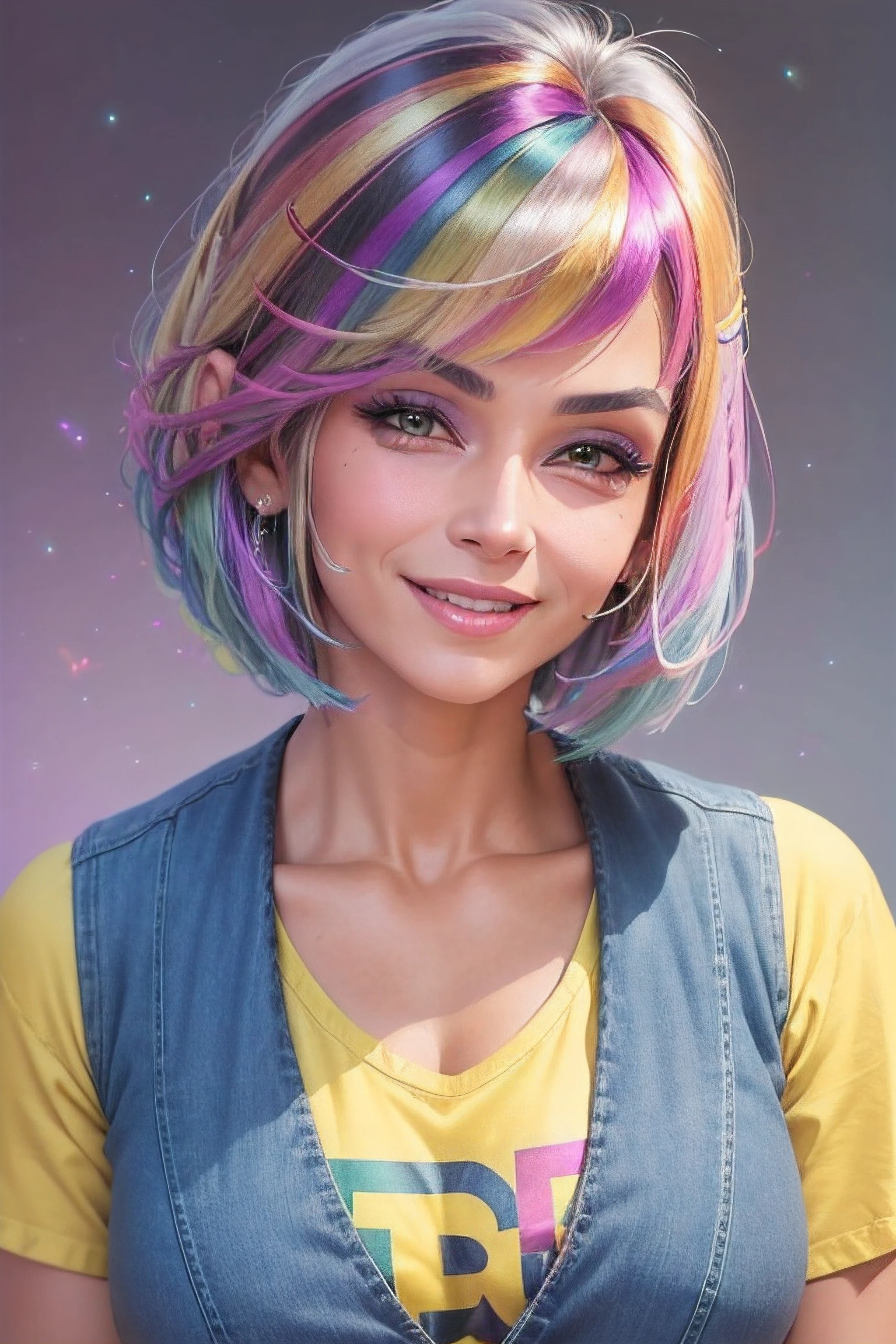 beautiful very mature 50 yrs old with big tits and wrinkles indian granny, denim vest, buzz cut grey hair,smiling square hairstyle, straight hair, rainbow hair, gradient on the hair, short hair, yellow t-shirt, purple shiny background, glitter, muted colors,