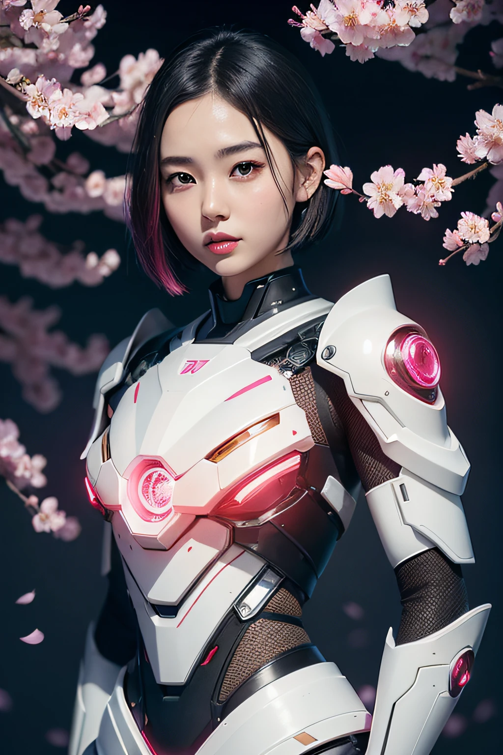 beautiful japanese young woman, wearing cyborg armor, thick symmetrical features, very short hair, background is cherry blossoms, pink aura, red lips, octane render,