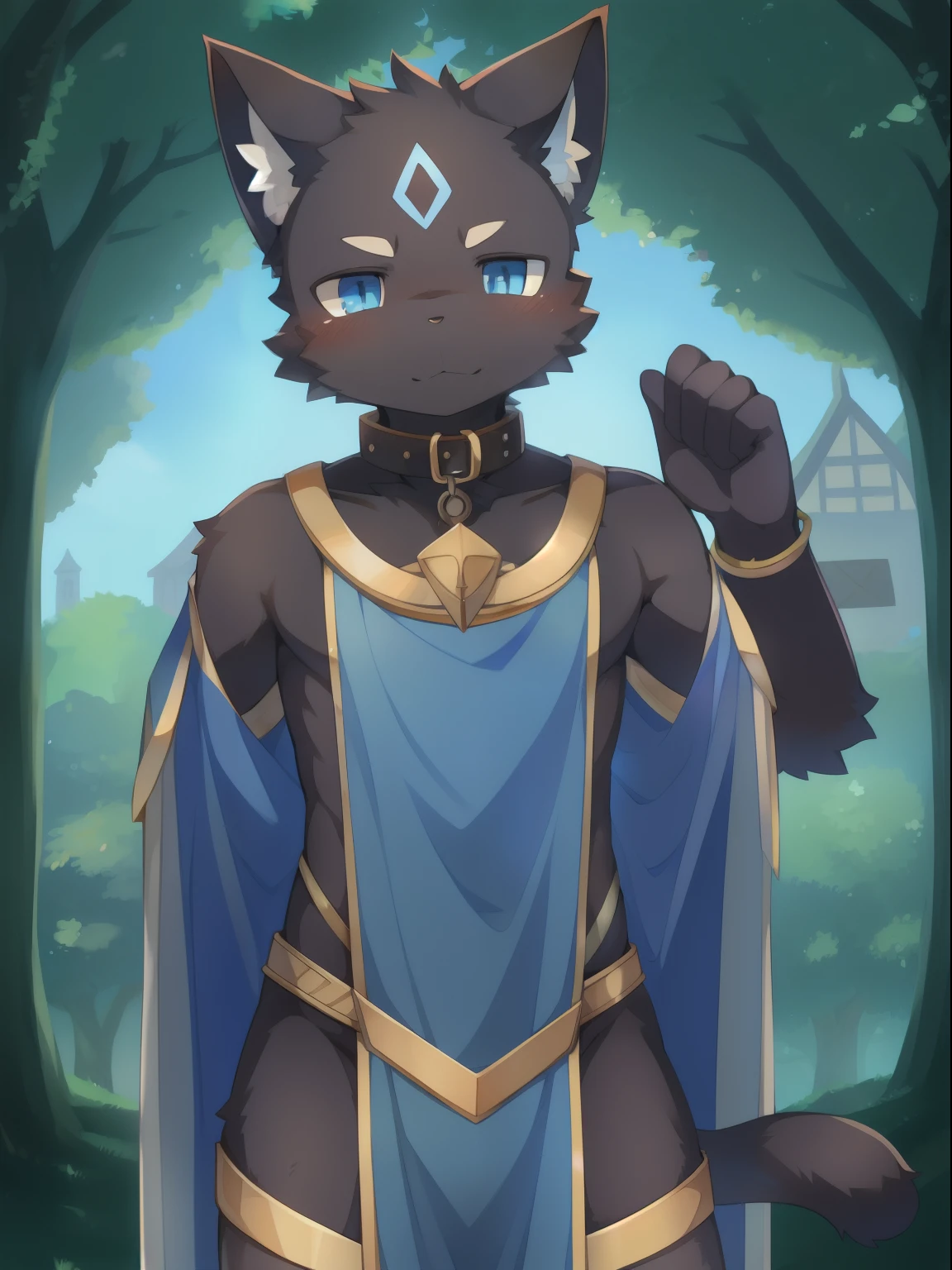 masterpiece, solo, 1boy, Furry, kemono, furry cat, anthropomorphic, male, black fur, black skin, blue eyes, blue wizard clothes, slave collar, sexy clothes, fantasy town, uploaded on e621,