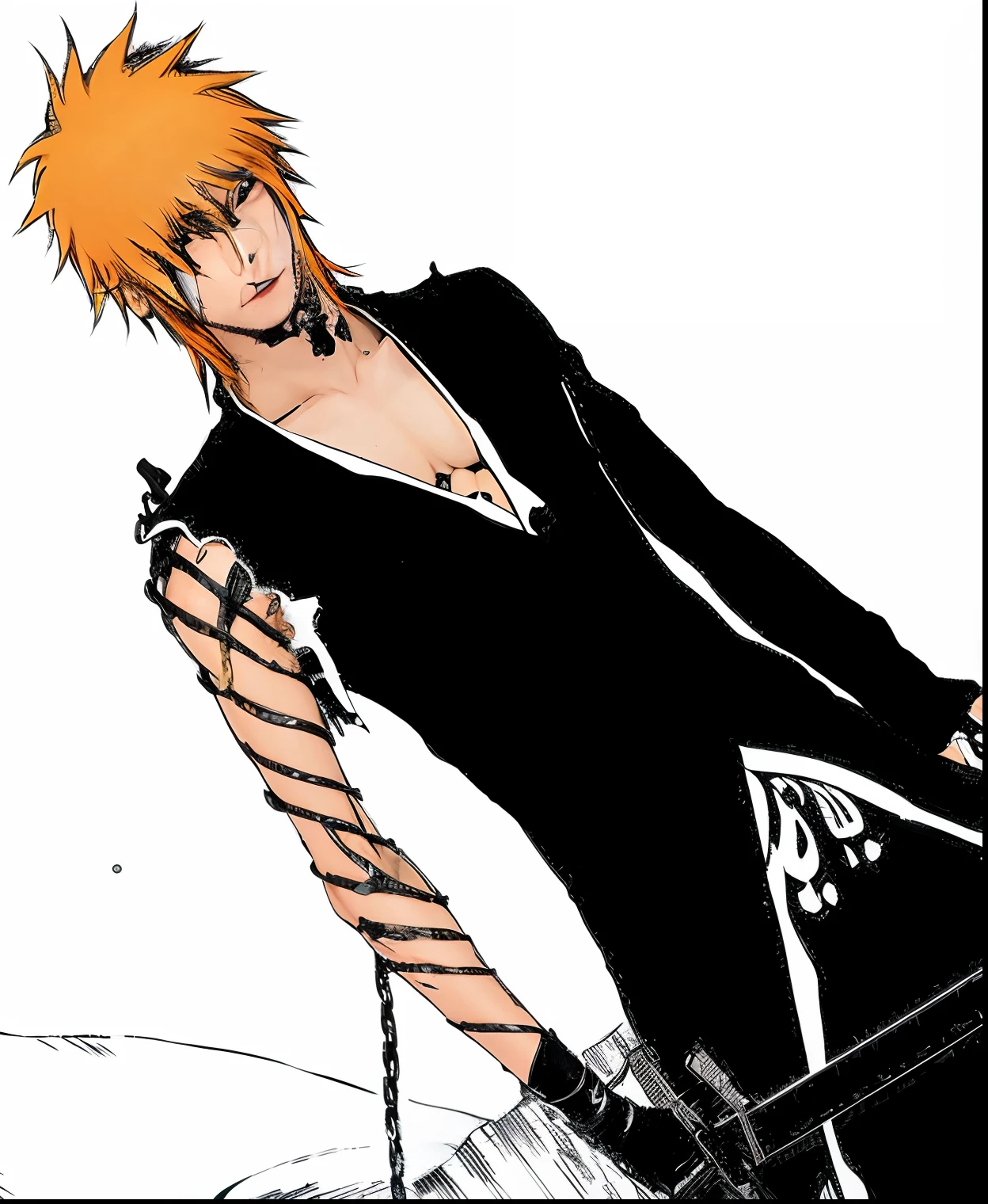 Boys, Long hair, orange hair, realistic, highly detailed, Ichigo Kurosaki, black samurai outfit.