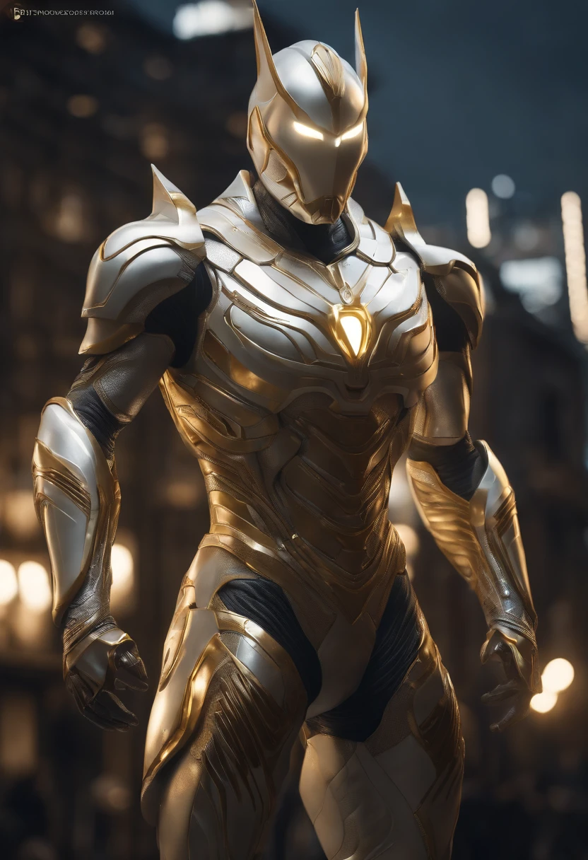 Full body photo of Ultraman in a white and gold armor style suit, White cape, looking at center camera, Perfectcomposition, beautiful detailed intricate insanely detailed octane render trending on artstation, 8 k artistic photography, Arte conceptual fotorrealista, soft natural volumetric cinematic perfect light, Chiaroscuro, an award winning photograph, Masterpiece, oil on the canvas, raffael, Caravaggio, greg rutkovsky, beeple, beksinski, Giger, trending on artstationh, Sharp focus, studio photo, Intricate details, Highly detailed, night city on the background, by Greg Rutkowski