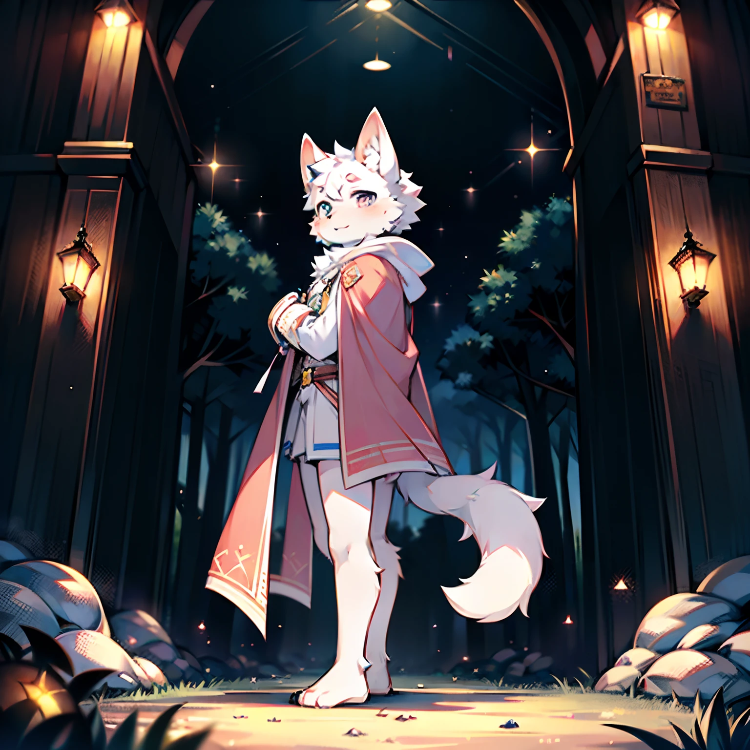 Anthropomorphic standing furry little wolf,hairy pubic,cute face,ambient lights,Ultra-fine fur,volumettic light, (long canines、Thick pale pink cape,White fur trims:1.2),(the night、lawns)) ,((Deep in the dark forest at night,glowworm,独奏,solo person)),((the detail)),(depth of fields),(Sell moe),(standing on your feet))
