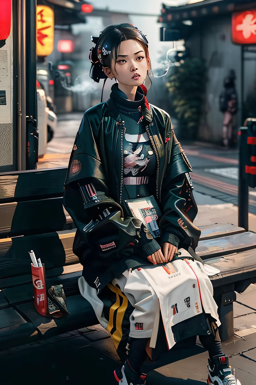 there is a girl standing on a bench talking on a cell phone, wearing japanese techwear, background ( dark _ smokiness ), in style of kar wai wong, smoking a cigarrette🚬, taking a smoke break, style of ade santora, with cigar, wearing cyberpunk 2 0 7 7 jacket, akira vibes, style of akira motion movie