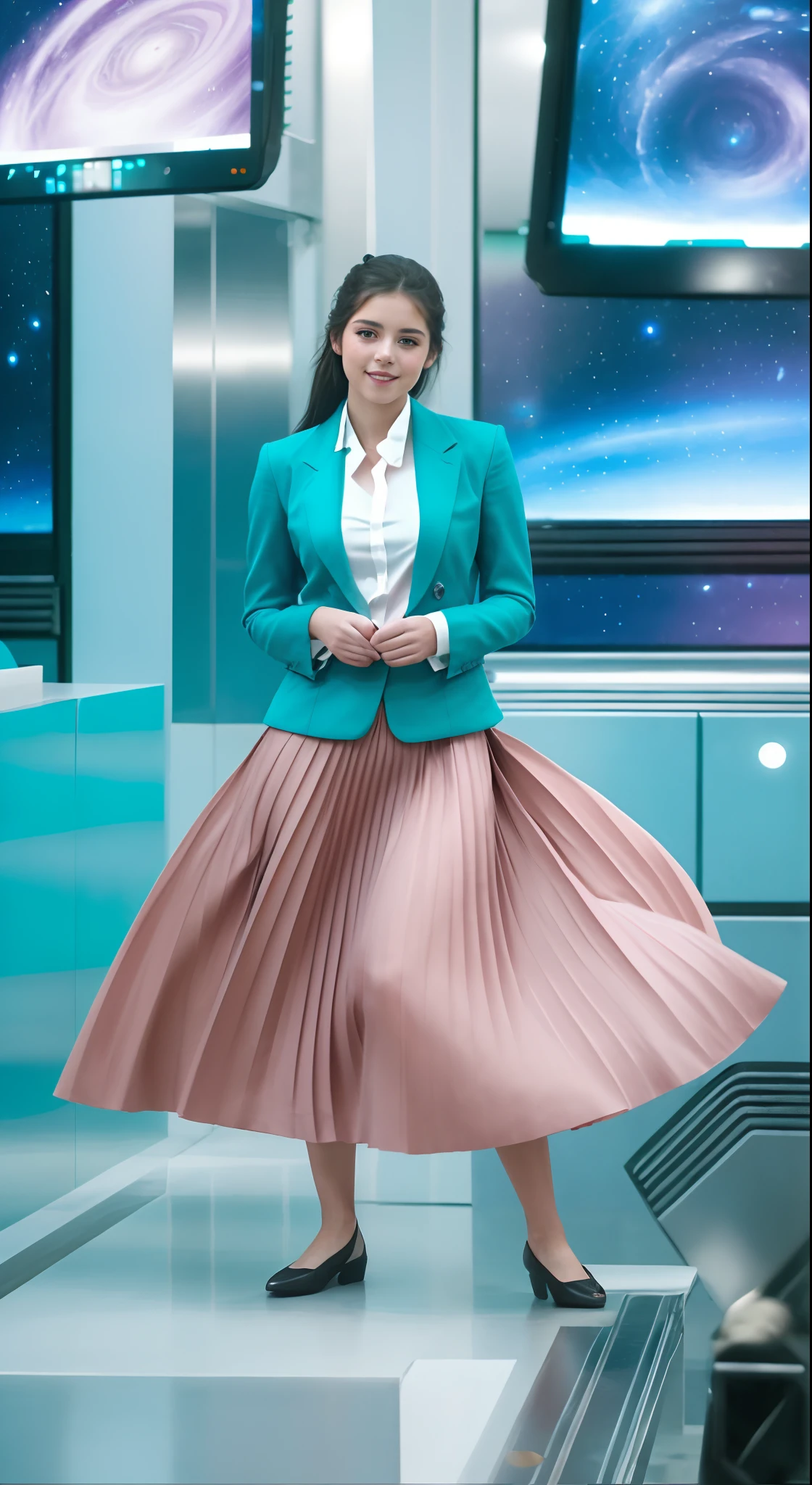 very (seductive:1,9) (happy:1,8) smiling young girl wearing short blazer and very very detailed (long (fully pleated) full circle skirt) and (simple) low heeled office shoes, very very intricate hyper-detailed symmetric (attractive graceful young feminine face) with (sad, tired eyes and a shy smile), large breasts, full of empathy and compassion and love, (pronounced (feminine) features), (highly detailed ultra accurate realistic) hands and fingers, playing with skirt, dancing, (windy conditions and wind blowing), epic composition, highly detailed attributes, highly detailed atmosphere, (35mm f1.4 Kodak portra 400 photograph), extremely high quality RAW photograph,