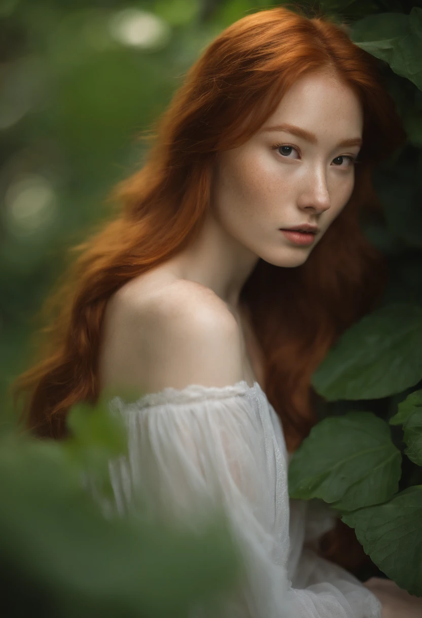 messy long flowing ginger hair, asian redhead ginger girl (18 years old), (freckles, pale skin), defined jawline, smaller head, gorgeous and seductive, wearing sukini, naked girl