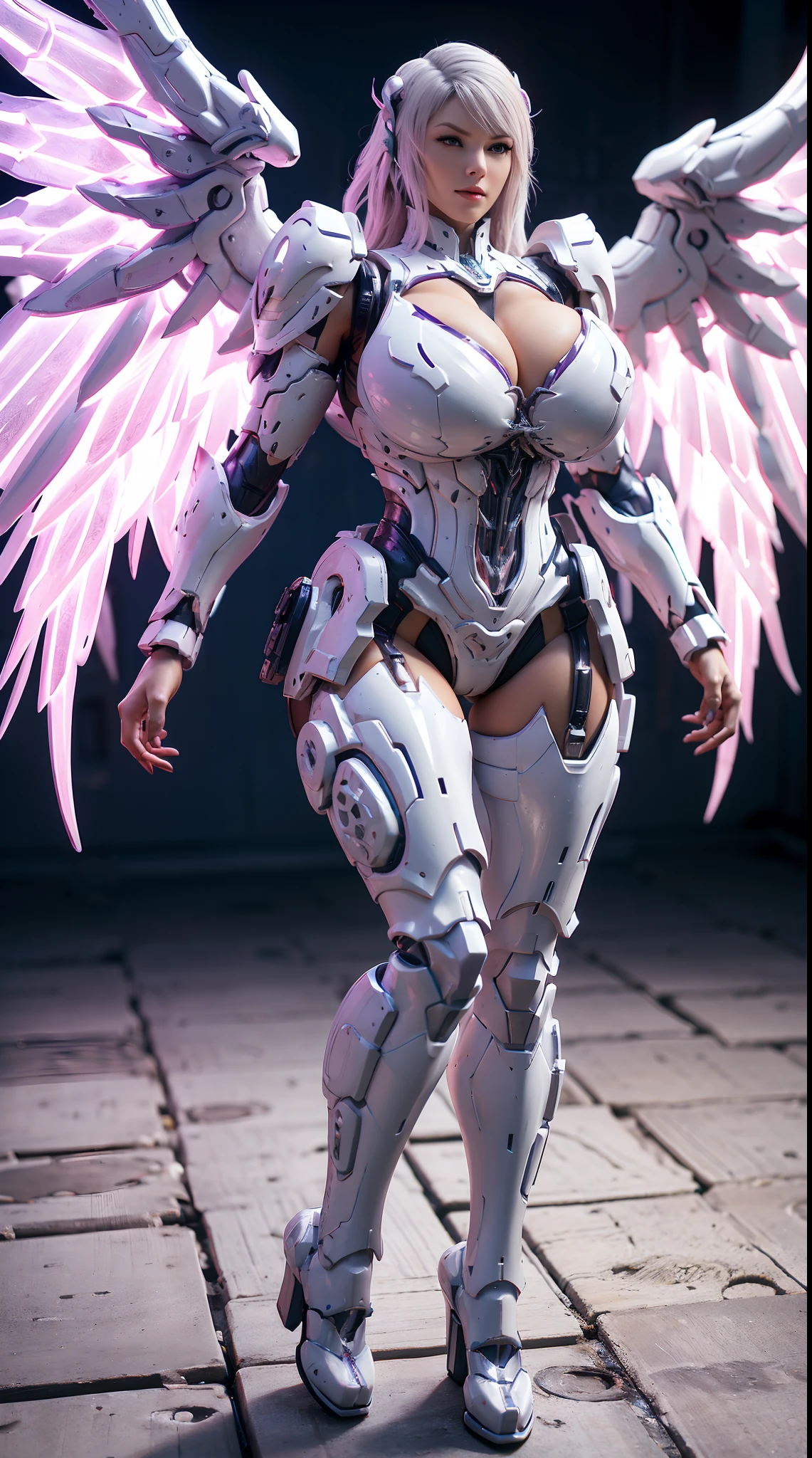 (DRAGON HEAD), HUGE FAKE BOOBS, (BEAUTIFUL FACE), (WHITE HAIR), (PURPLE:1.2, WHITE:0.8, RGB:1), (MECHA ARMORED GEAR), (((A PAIR OF HUGE MECHANICAL WINGS SPREAD OUT))), FUTURISTIC DRAGON MECHA SUIT, (CLEAVAGE), (SKINTIGHT YOGA PANTS), (PERFECT BODY:1.2), (FULL BODY VIEW), FRONT, (STANDING:1), (MECHANICAL HIGH HEELS), MUSCLE ABS, UHD, 8K, 1080P.