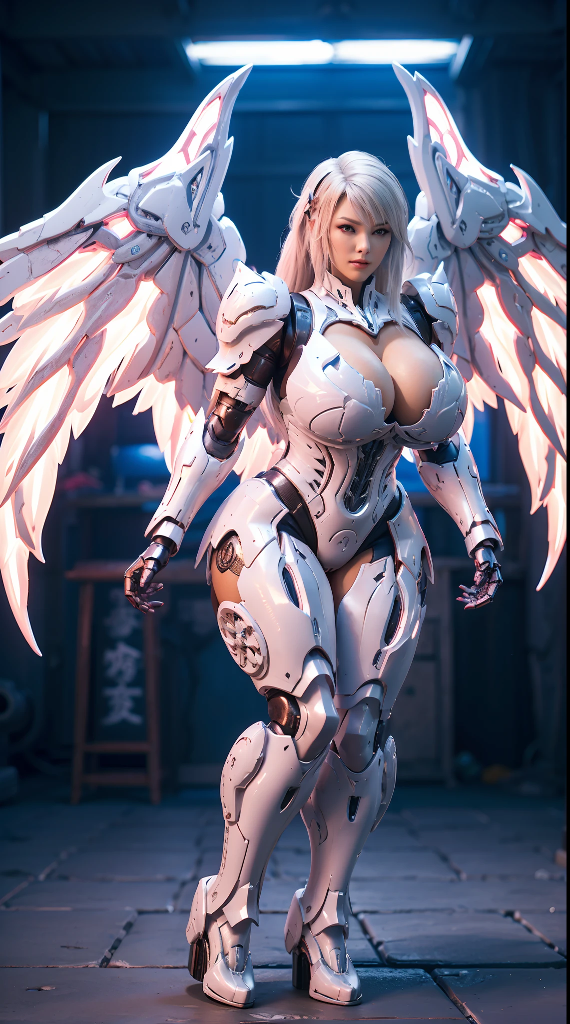 (DRAGON HEAD), HUGE FAKE BOOBS, (BEAUTIFUL FACE), (WHITE HAIR), (PURPLE:1.2, WHITE:0.8, RGB:1), (MECHA ARMORED GEAR), (((A PAIR OF HUGE MECHANICAL WINGS SPREAD OUT))), FUTURISTIC DRAGON MECHA SUIT, (CLEAVAGE), (SKINTIGHT YOGA PANTS), (PERFECT BODY:1.2), (FULL BODY VIEW), FRONT, (STANDING:1), (MECHANICAL HIGH HEELS), MUSCLE ABS, UHD, 8K, 1080P.