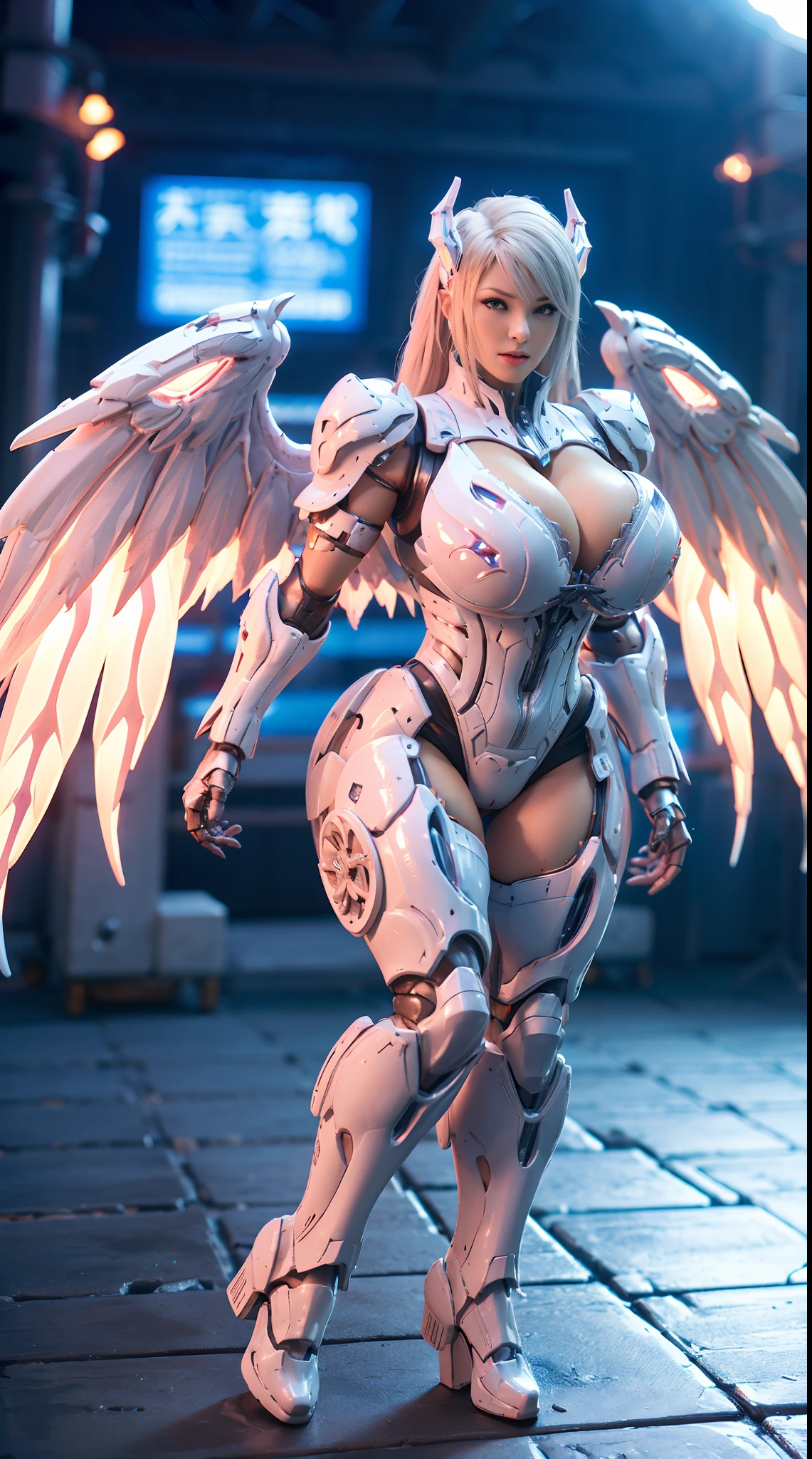 (DRAGON HEAD), HUGE FAKE BOOBS, (BEAUTIFUL FACE), (WHITE HAIR), (PURPLE:1.2, WHITE:0.8, RGB:1), (MECHA ARMORED GEAR), (((A PAIR OF HUGE MECHANICAL WINGS SPREAD OUT))), FUTURISTIC DRAGON MECHA SUIT, (CLEAVAGE), (SKINTIGHT YOGA PANTS), (PERFECT BODY:1.2), (FULL BODY VIEW), FRONT, (STANDING:1), (MECHANICAL HIGH HEELS), MUSCLE ABS, UHD, 8K, 1080P.