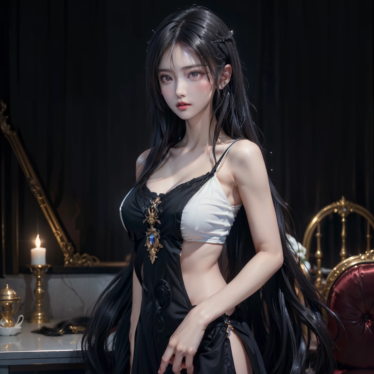 (Top image quality、top-quality、Top resolution、hyper realistic photography、Full body photo、masterpiece、)1 girl、Super beautiful beauty with amazingly long black hair、hair length about 3 meters、White underwear or naked、Hide the whole body with straight black hair、Very beautiful face、well-groomed beautiful black hair、very large amount of hair、She has very long black hair that emphasizes her sex appeal as a woman、slim figure、Lustrous beautiful hair、
