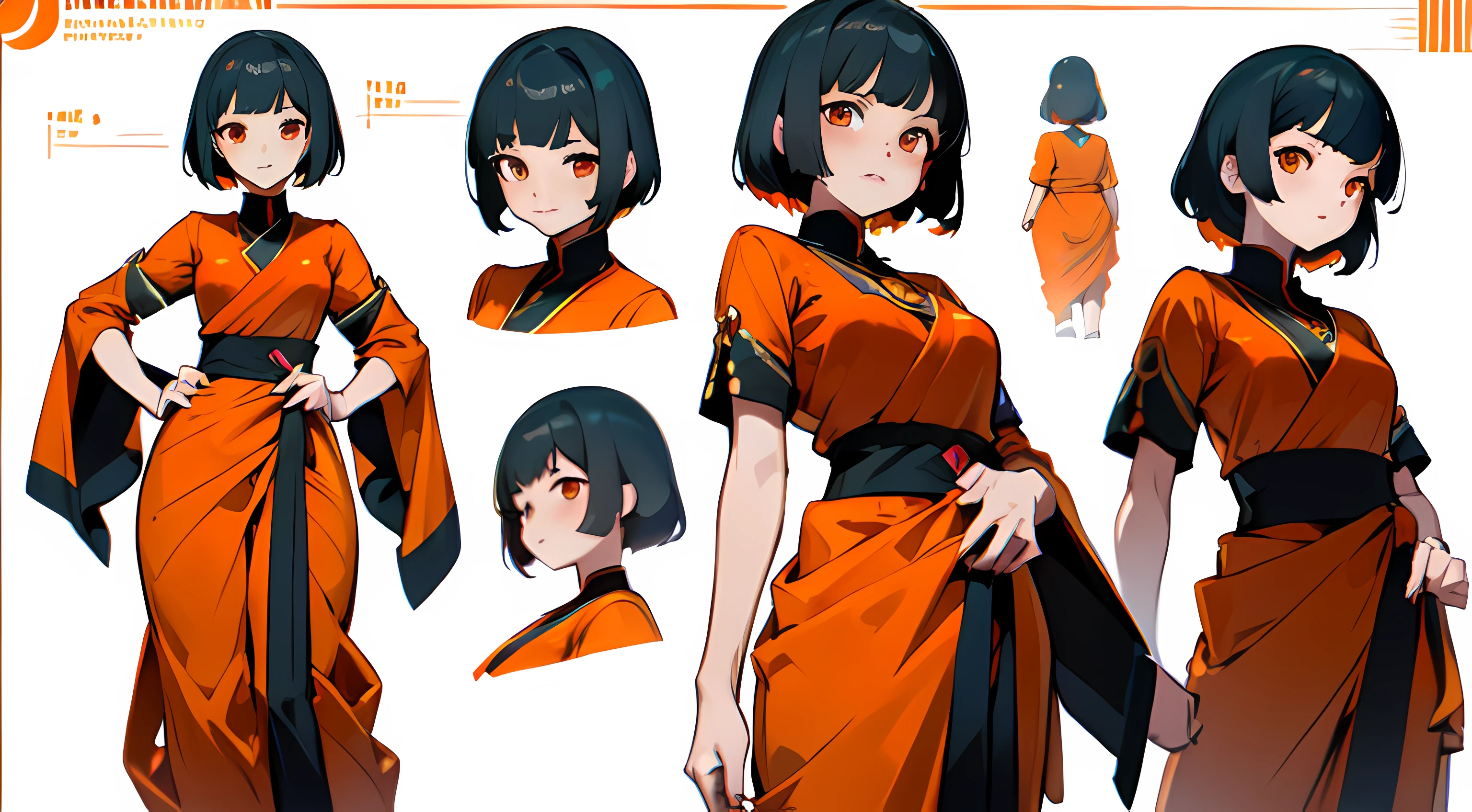 ((((Character Design Sheet)))), (((Character Diagram))), Ayaka Genshin Impact, (Indian anime Girl), Anime girl, Different facial expressions, different poses, anime style, short hair, black hair, red dreamy eyes, ((orange saree)), blouse, wearing saree and blouse, Different poses, Different Angles realistic, 8k, (((Oversize))), artwork in the style of guweiz, guweiz, rin, high quality anime artstyle, hanayamata, artgerm and atey ghailan