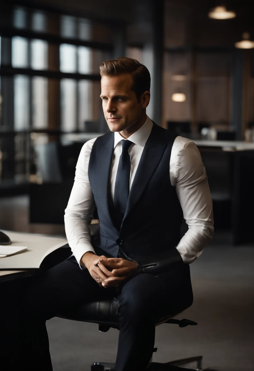Harvey Specter de la série suits, elegant, regardant l'objectif, hyper realistic, dans beau bureau new yorkais