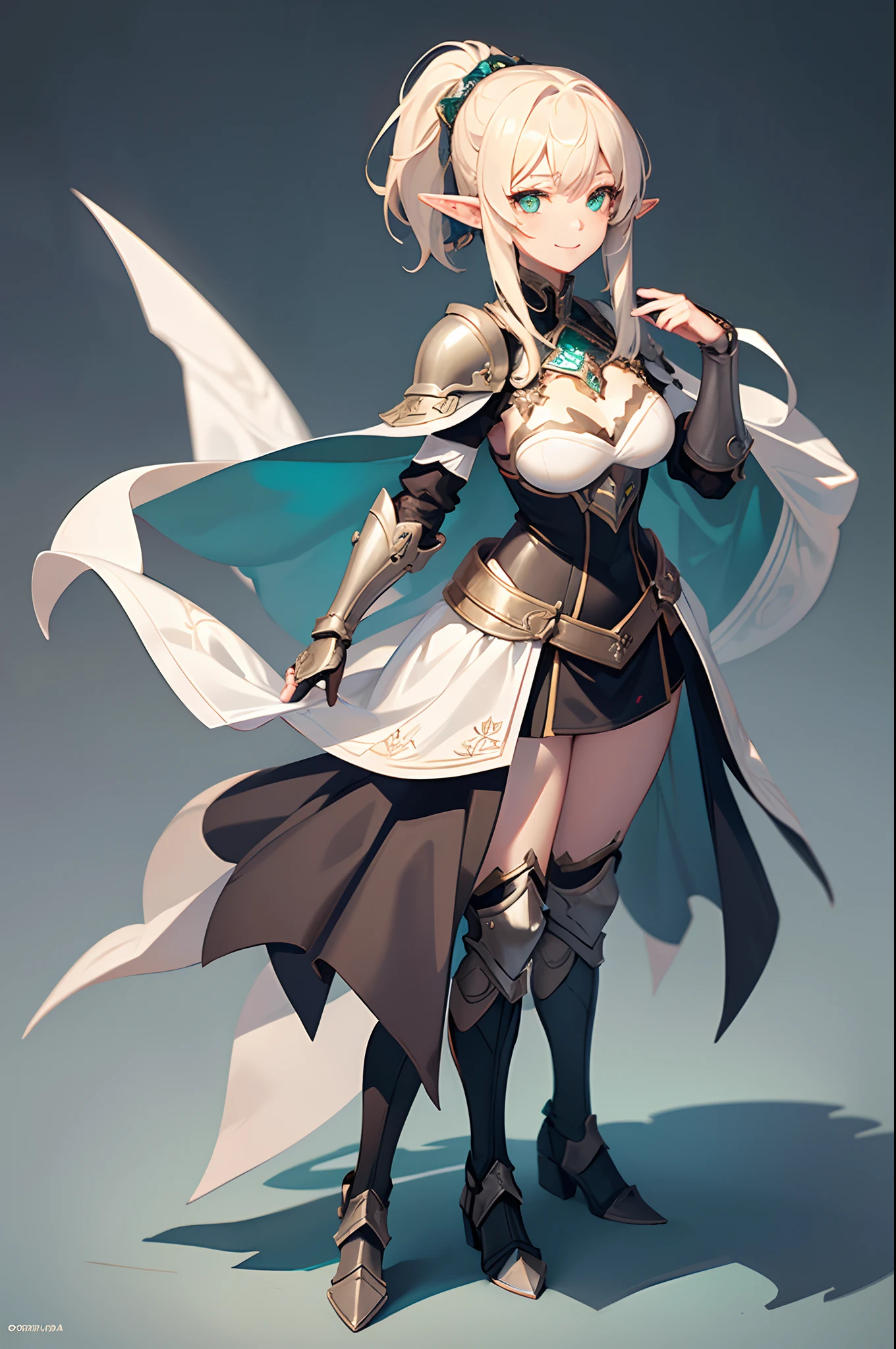 hands on sides, (masterpiece), ultra-detailed, 1girl, detailed eyes, medium breasts, gray background, elf, elf ears, (full body), , green eyes, gray background, full plate armor, comfident smile, staring at the viewer, blond hair in a ponytail