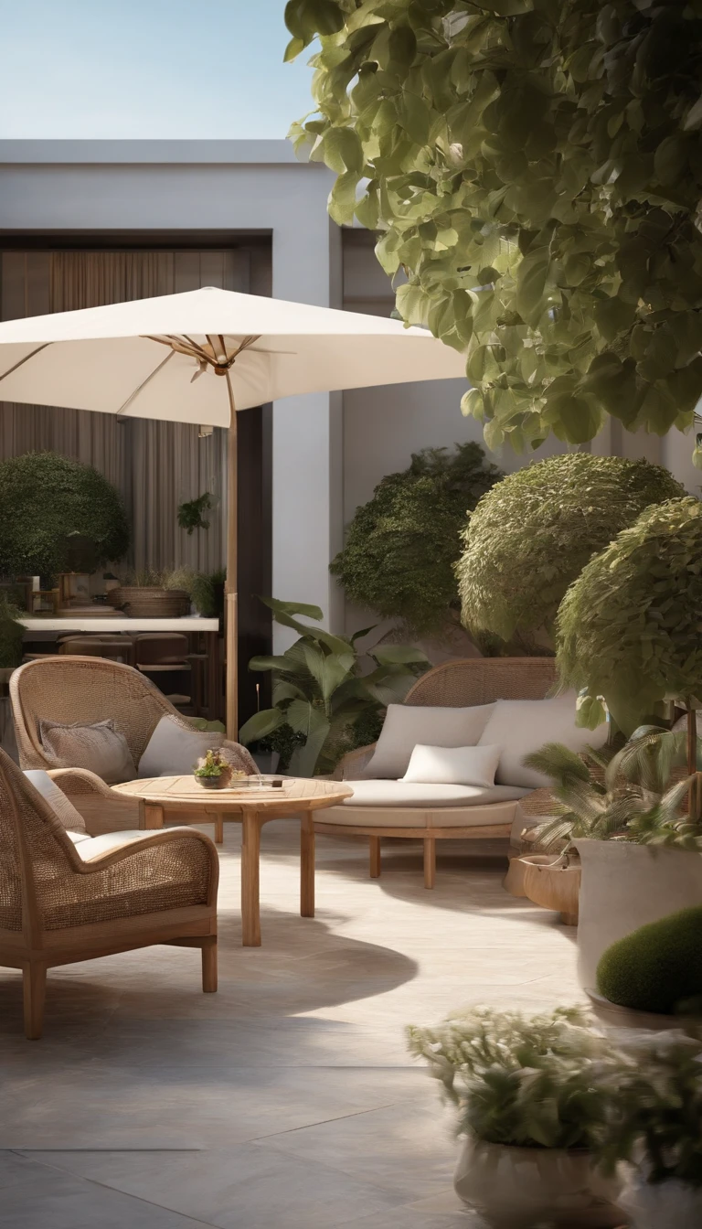 There is an outdoor relaxation area, especially in the courtyard.,Equipped with comfortable outdoor furniture.,For example, recliners.、Rattan sofas and chairs, etc.。Use modern materials and designs.,Both beautiful and comfortable.。Over here.,People can sit and relax.,Listen to the sounds of nature,Reading books、Talk or enjoy the afternoon sun.。