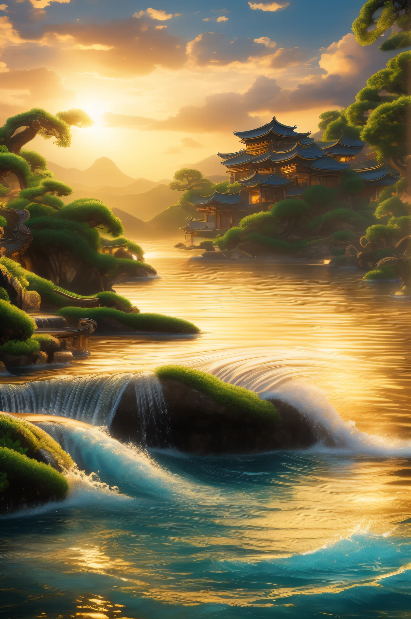 Masterpiece, best quality, (8k very detailed CG unit wallpaper) (best quality), (best illustration), (best shading) ancient chinese water serpent, a golden sea wave, bright aol sunset through the wave, golden water drops flying, (:1. 6), black hair, black eyes, big, indoor swimming pool, class, naked, long hair, two-dimensional, in the water