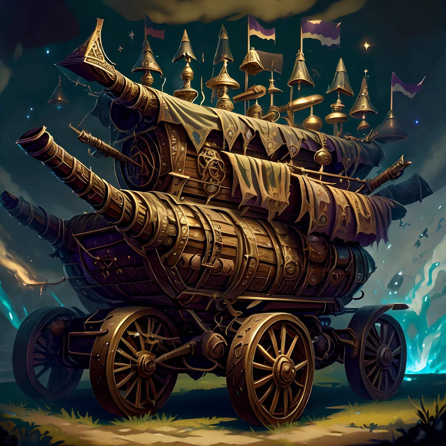 Model
RPG ,MusketPunkAI,DruidMagicAI , An unusual carriage stands on the road , Its six wheels are visible , Front light.