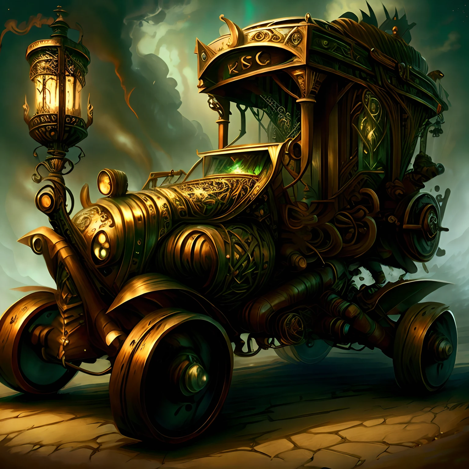 Model
RPG
CeltPunkAI, GasLampFantasyAI ,An unusual carriage stands on the road , Her wheels are visible , Front light.