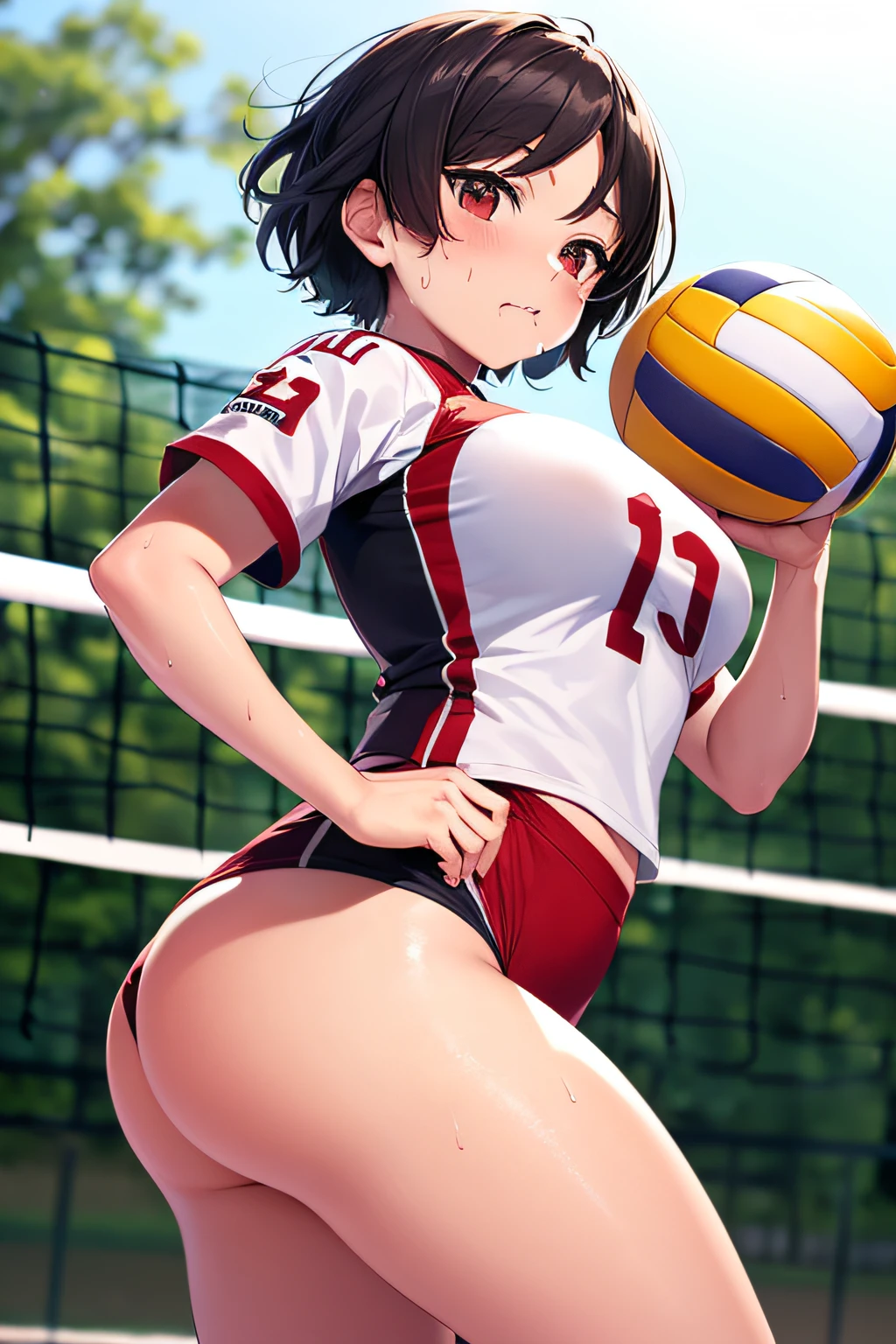 NSFW,(masutepiece, Highest Quality), High resolution, (Real Stick: 1.3), (Red tight volleyball uniform:1.2), 1girl in , A MILF, (Black short hair:1.1), Smaller bust size, Larger hips,Biting bloomers, Short stature, is standing,Sweat,(Angle from the front:1.2), Gymnasium, Cute attractive mature Japan woman