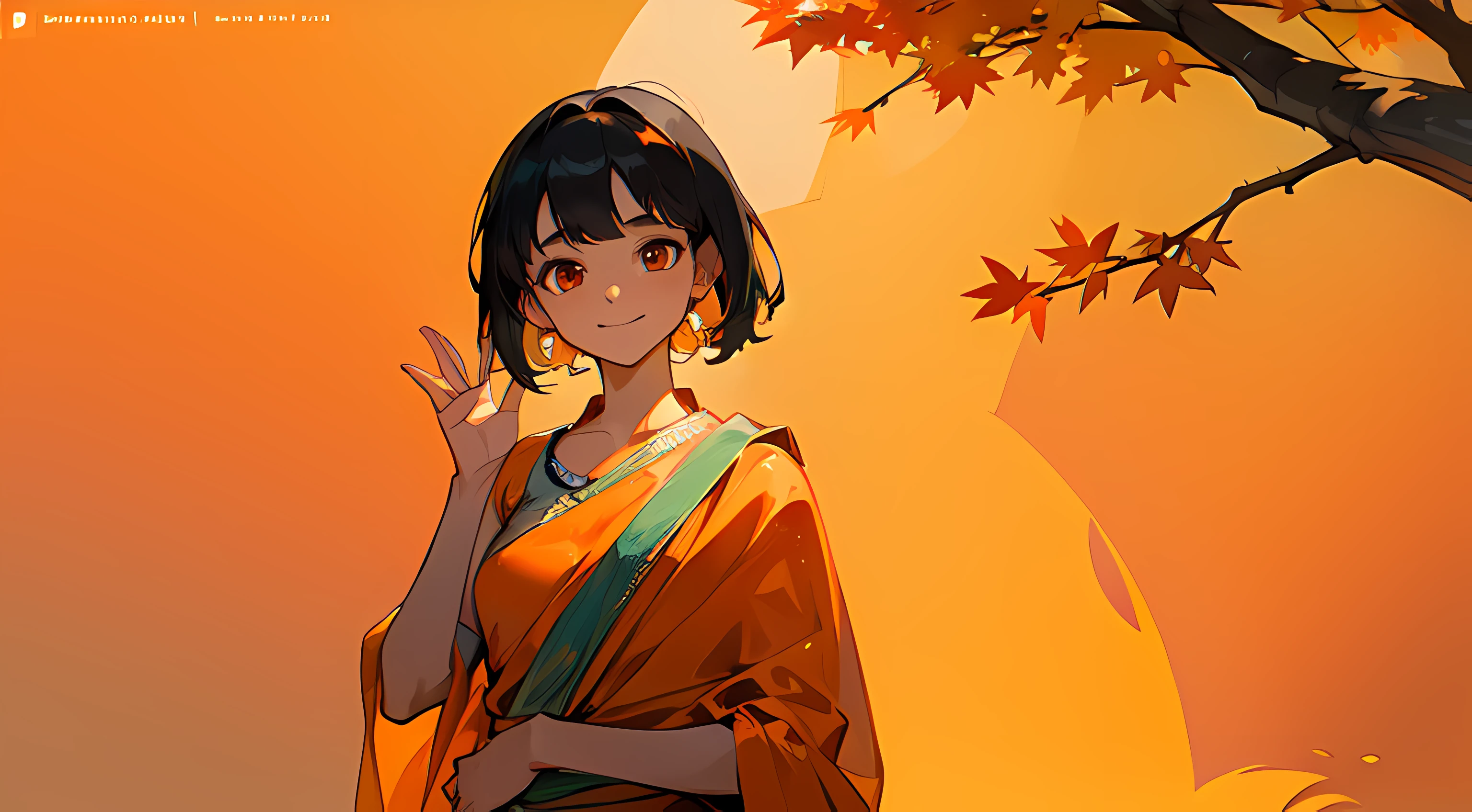 ((((Character Design Sheet)))), Beautiful girl, fully clothed, (looking at viewer,) posing, Indian anime girl, Indian girl, 1girl, black hair, short hair, dreamy eyes, red-orange eyes, (excited face), smiling, smiling face (waving hand), ((orange saree)), blouse, ((wearing saree and blouse)), ((autumn background)), realistic, midnight, 8k, masterpiece, natural background, nature, fallen leaves, trees, ((perfectly drawn fingers))