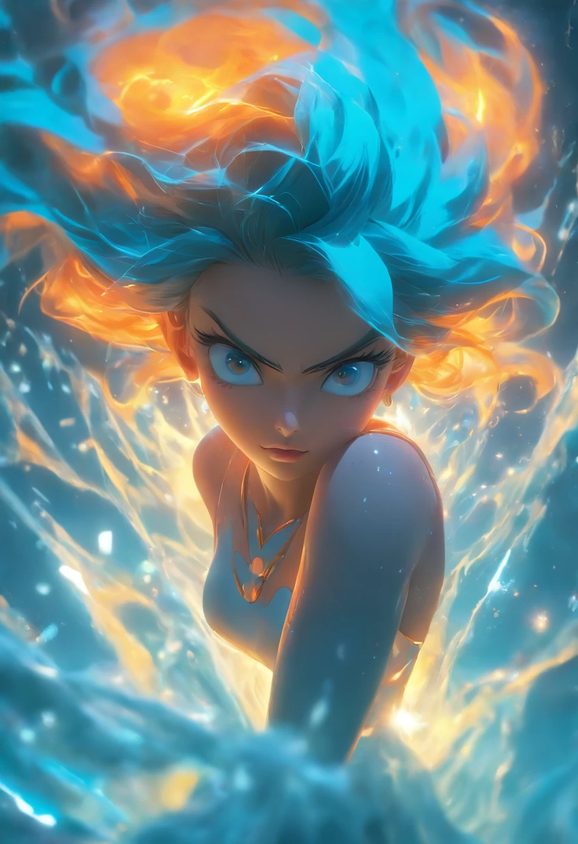 1 girl with blue hair in frost dress,afloat,full bodyesbian, Lightning hair,Ice blue gemstone glowing eyes,Smooth skin,Beautiful art UHD 4 K, En plein air, ice river, Beautiful character, Beautiful portrait, Expressive, painting of beautiful, expressive beautiful portrait, Side light, dreamy sky,looking at center camera, Perfectcomposition, beautiful detailed intricate insanely detailed octane render trending on artstation, 8 k artistic photography, Arte conceptual fotorrealista, soft natural volumetric cinematic perfect light, Chiaroscuro, an award winning photograph, Masterpiece, oil on the canvas, raffael, Caravaggio, greg rutkovsky, beeple, beksinski, Giger, trending on artstationh, Sharp focus, studio photo, Intricate details, Highly detailed, night city on the background, by Greg Rutkowski
