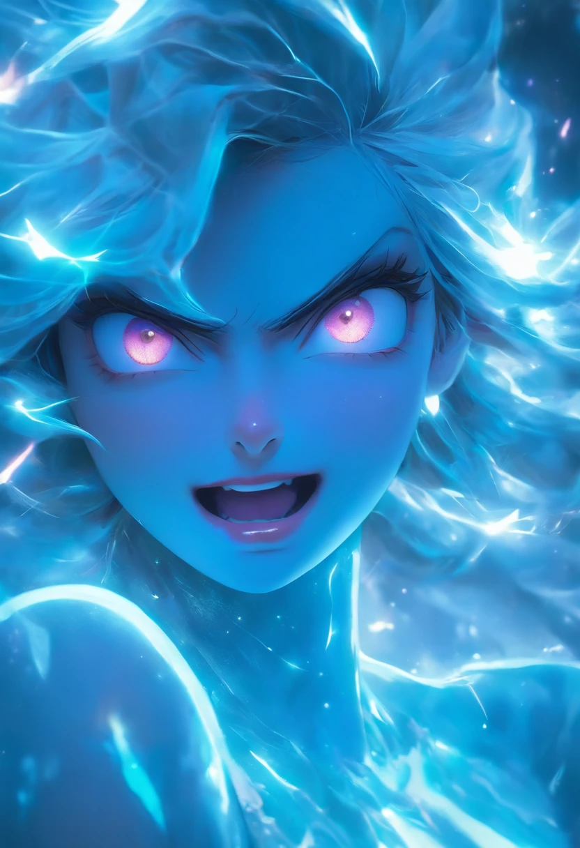 1 girl with blue hair in frost dress,afloat,full bodyesbian, Lightning hair,Ice blue gemstone glowing eyes,Smooth skin,Beautiful art UHD 4 K, En plein air, ice river, Beautiful character, Beautiful portrait, Expressive, painting of beautiful, expressive beautiful portrait, Side light, dreamy sky，looking at center camera, Perfectcomposition, beautiful detailed intricate insanely detailed octane render trending on artstation, 8 k artistic photography, Arte conceptual fotorrealista, soft natural volumetric cinematic perfect light, Chiaroscuro, an award winning photograph, Masterpiece, oil on the canvas, raffael, Caravaggio, greg rutkovsky, beeple, beksinski, Giger, trending on artstationh, Sharp focus, studio photo, Intricate details, Highly detailed, night city on the background, by Greg Rutkowski
