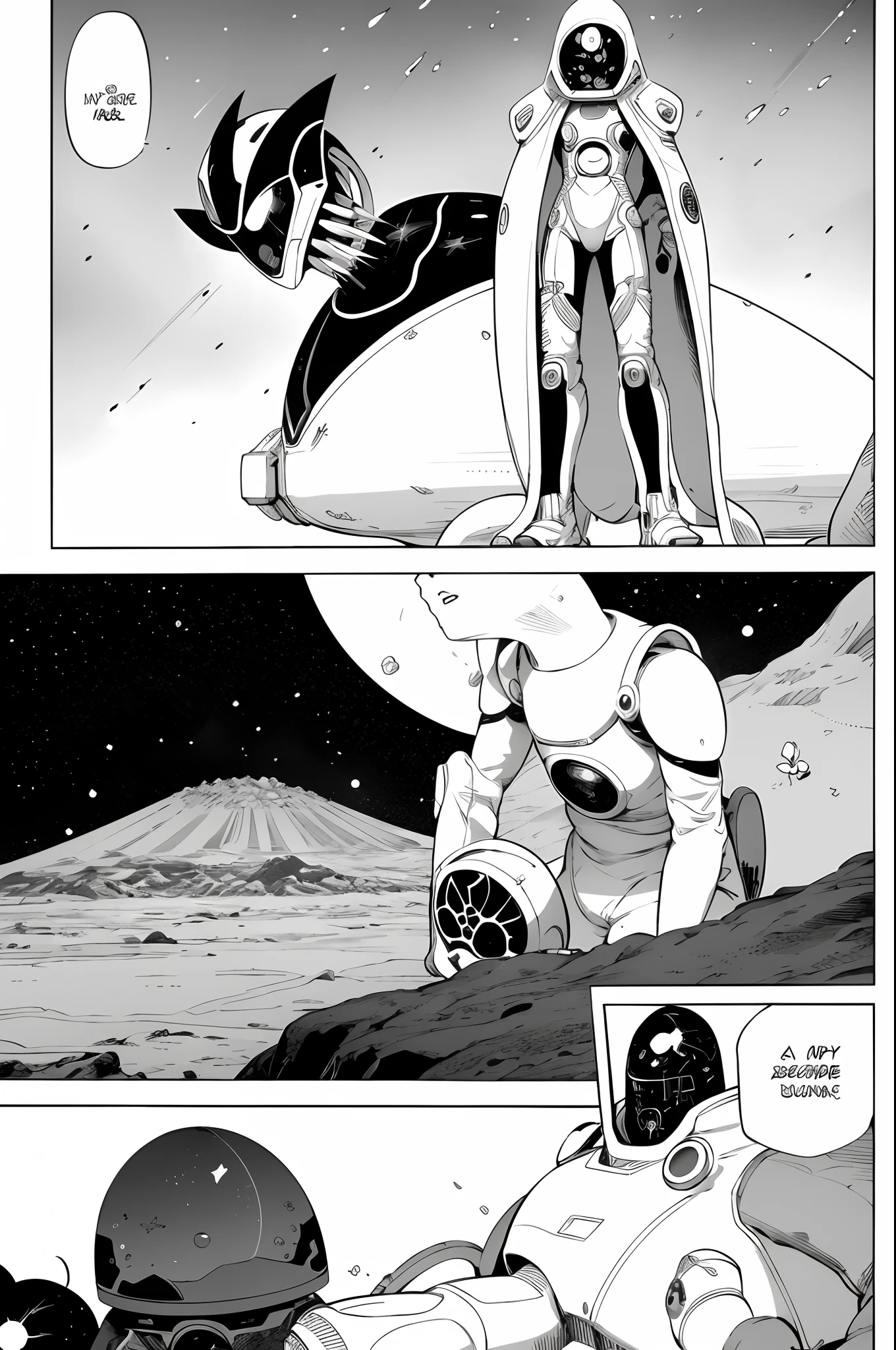 a manga about a determined space explorer with a futuristic spacesuit, standing on a desolate alien landscape. The planet's unique flora and fauna surround her, as she gazes up at the foreign sky, filled with unfamiliar constellations. Best quality, intricate details, clean lines, eye-catching composition, soft tones, anime realism, perfect illustration