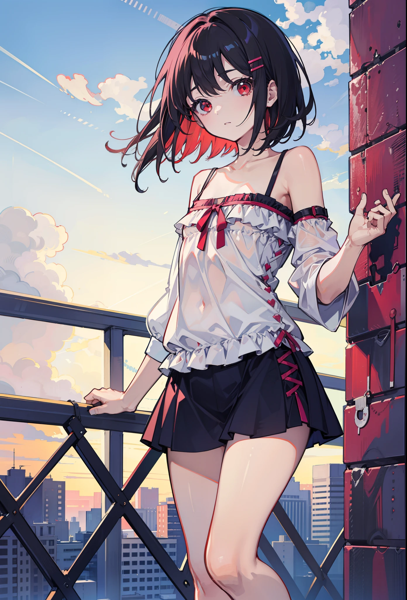 Short hair, Black hair, Flat chest, 1girll, Red eyes,s girl,hair pin,Solo, Morning,full bodyesbian, A high resolution,casual