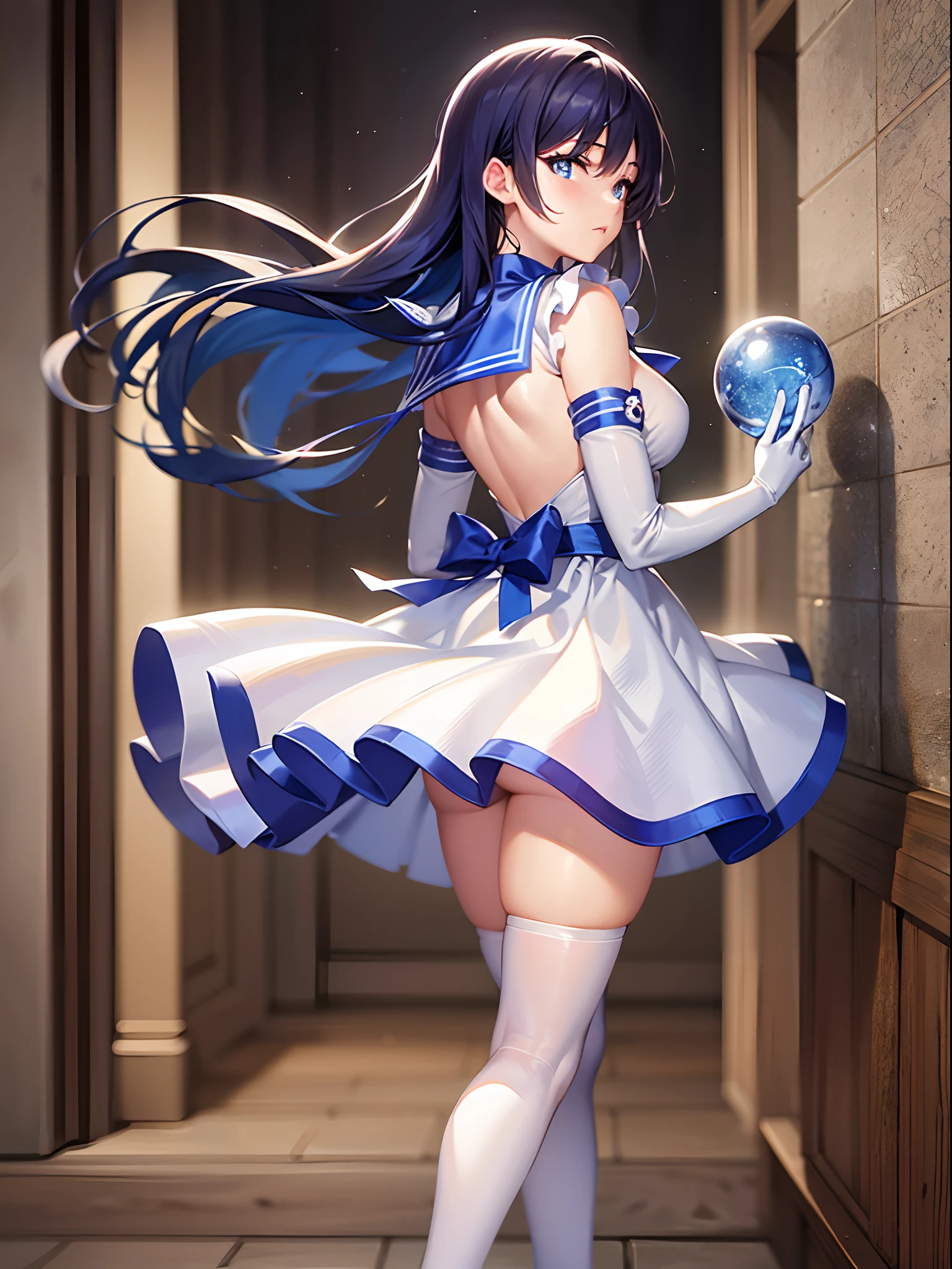 Best quality,Masterpiece,18 years old,1lady,cute  face,kawaii,bishojo,At night,Rich background,Sailor Mercury,Sailor warrior suit, Blue hair, Blue pupils,Long latex gloves,hedge,Curly hair,High heels,Long legs:1.2,tall legs:1.2,tall girl:1.1,smooth legs,smooth thighs,Slender:1.2,Thin legs,Thin thighs:1.2,standing:1.1,From behind:1.1,Full body shot:1.2,White solid blue skirt, Blue collar,The bust apron is decorated with a light blue bow, Solid blue round gemstone on bow on chest,White three-ring gloves,Blue-and-white-edged half-heeled boots,