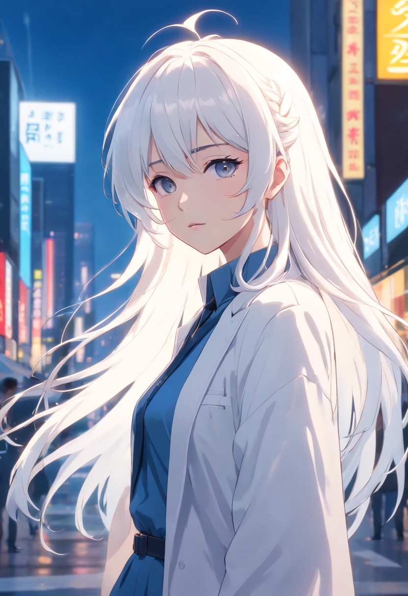 Masterpiece, Highest quality, Solo , (Perfect face:1.1), (High detail:1.1), Dramatic, (1人), Pale skin, (Long pure white hair:1.4), White eyes, Otto Sepalainen, Solo, Long hair, white luxury suit, covered navel, snob, albino, pouty lips, Devil magician, voluminetric lighting, Detailed eyes, Cinematic lighting, ultra - detailed, intricately details, overwhelmingly pixel perfect, rosette, Fashion, Seductive pose, Balenciaga style on the side