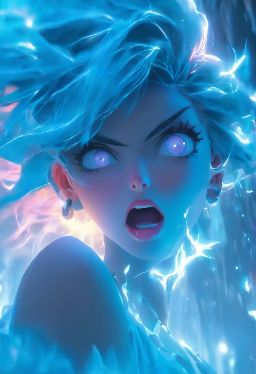 1 girl with blue hair in frost dress,afloat,full bodyesbian, Lightning hair,Ice blue gemstone glowing eyes,Smooth skin,Beautiful art UHD 4 K, En plein air, ice river, Beautiful character, Beautiful portrait, Expressive, painting of beautiful, expressive beautiful portrait, Side light, dreamy sky,looking at center camera, Perfectcomposition, beautiful detailed intricate insanely detailed octane render trending on artstation, 8 k artistic photography, Arte conceptual fotorrealista, soft natural volumetric cinematic perfect light, Chiaroscuro, an award winning photograph, Masterpiece, oil on the canvas, raffael, Caravaggio, greg rutkovsky, beeple, beksinski, Giger, trending on artstationh, Sharp focus, studio photo, Intricate details, Highly detailed, night city on the background, by Greg Rutkowski