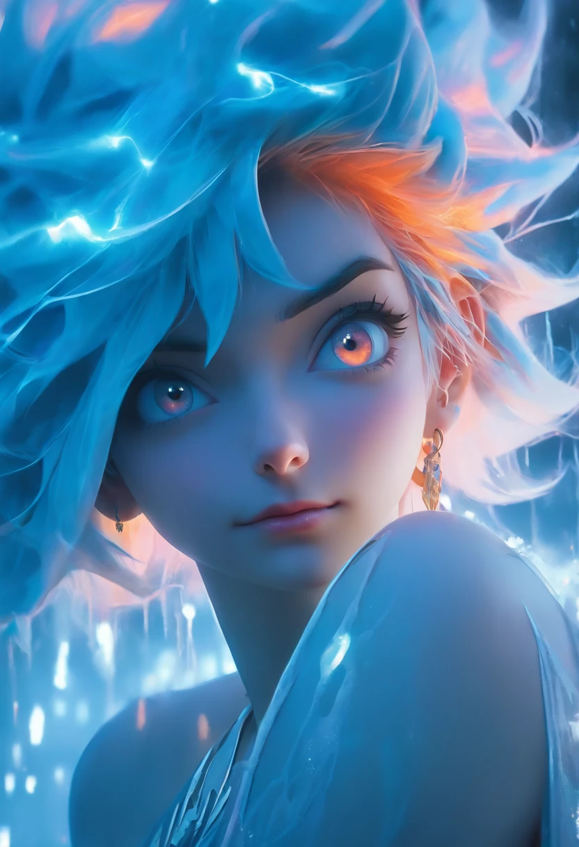 1 girl with blue hair in frost dress,afloat,full bodyesbian, Lightning hair,Ice blue gemstone glowing eyes,Smooth skin,Beautiful art UHD 4 K, En plein air, ice river, Beautiful character, Beautiful portrait, Expressive, painting of beautiful, expressive beautiful portrait, Side light, dreamy sky,looking at center camera, Perfectcomposition, beautiful detailed intricate insanely detailed octane render trending on artstation, 8 k artistic photography, Arte conceptual fotorrealista, soft natural volumetric cinematic perfect light, Chiaroscuro, an award winning photograph, Masterpiece, oil on the canvas, raffael, Caravaggio, greg rutkovsky, beeple, beksinski, Giger, trending on artstationh, Sharp focus, studio photo, Intricate details, Highly detailed, night city on the background, by Greg Rutkowski