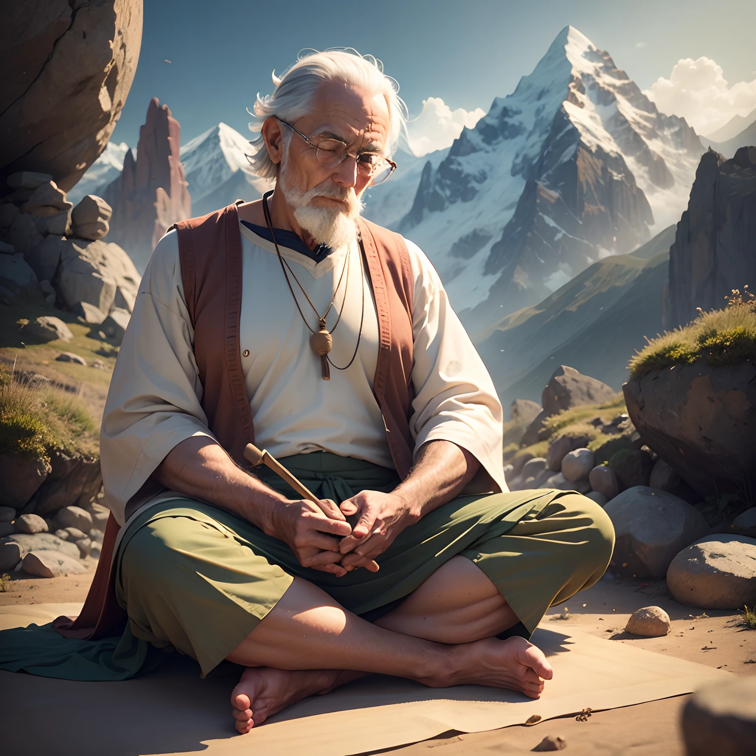 Sage, old man, staff, meditation, background light, mountain