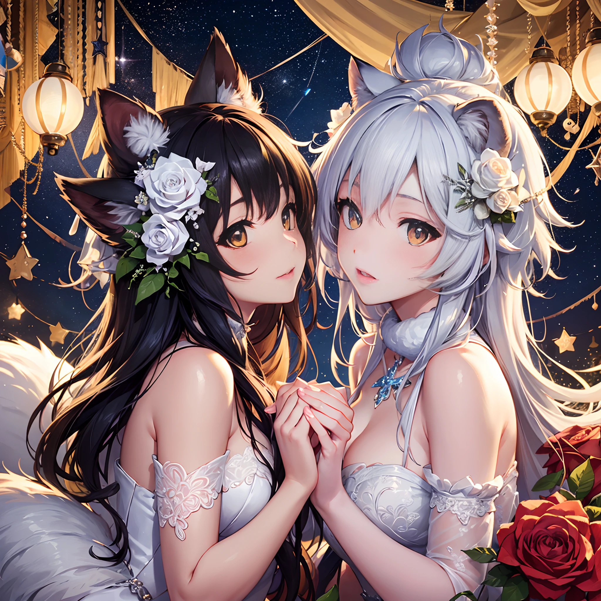 masterpiece, high resolution, high quality, open-air bath, night, 2 girls, (bath towel, red hair ornament, big, cat ears, floral, yellow eyes, gray hair, twin tails), (bath towel, purple hair ornament, big, floral pattern, red eyes, black hair, ponytail), NSFW, seduction, kissing