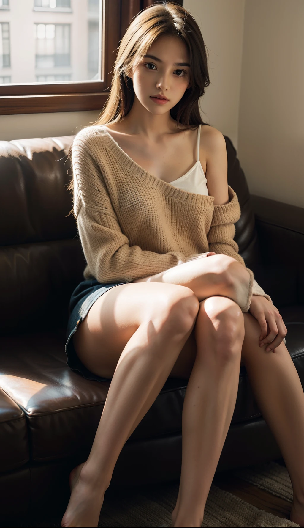 1girl,sitting on a cozy couch,crossing legs,soft light