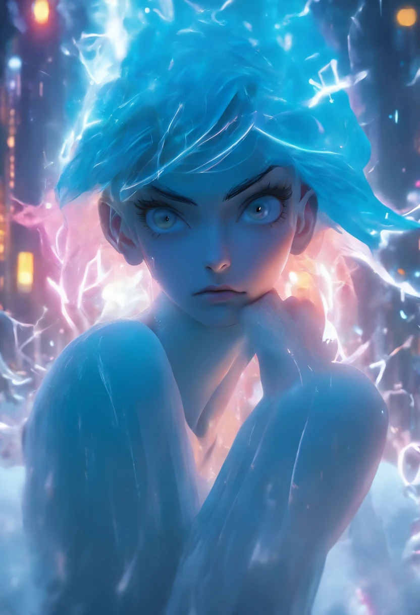 1 girl with blue hair in frost dress,afloat,full bodyesbian, Lightning hair,Ice blue gemstone glowing eyes,Smooth skin looking at the central camera, Perfectcomposition, beautiful detailed intricate insanely detailed octane render trending on artstation, 8 k artistic photography, Arte conceptual fotorrealista, soft natural volumetric cinematic perfect light, Chiaroscuro, an award winning photograph, Masterpiece, oil on the canvas, raffael, Caravaggio, greg rutkovsky, beeple, beksinski, Giger, trending on artstationh, Sharp focus, studio photo, Intricate details, Highly detailed, night city on the background, by Greg Rutkowski