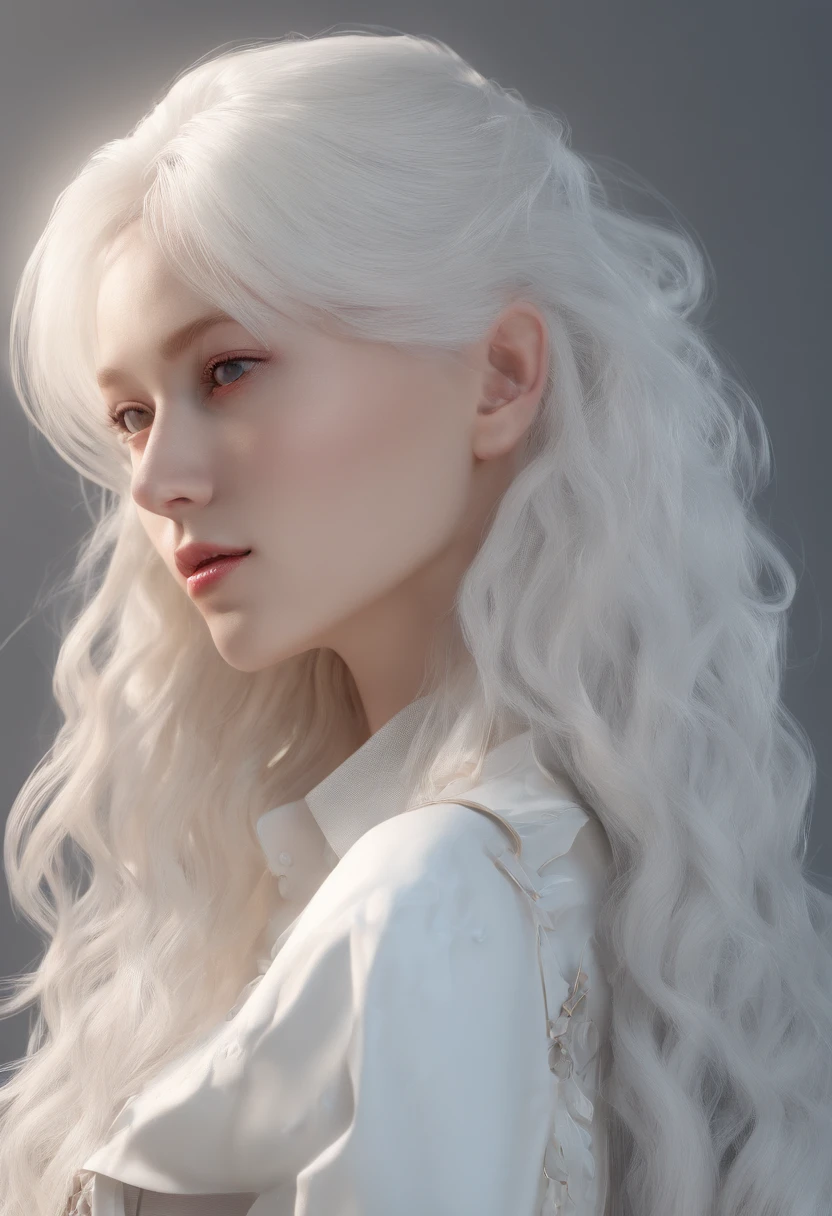 Masterpiece, Highest quality, Solo , (Perfect face:1.1), (High detail:1.1), Dramatic, (1人), Pale skin, (Long pure white hair:1.4), White eyes, Otto Sepalainen, Solo, Long hair, white luxury suit, covered navel, snob, albino, pouty lips, Devil magician, voluminetric lighting, Detailed eyes, Cinematic lighting, ultra - detailed, intricately details, overwhelmingly pixel perfect, rosette, Fashion, Seductive pose, Balenciaga style on the side