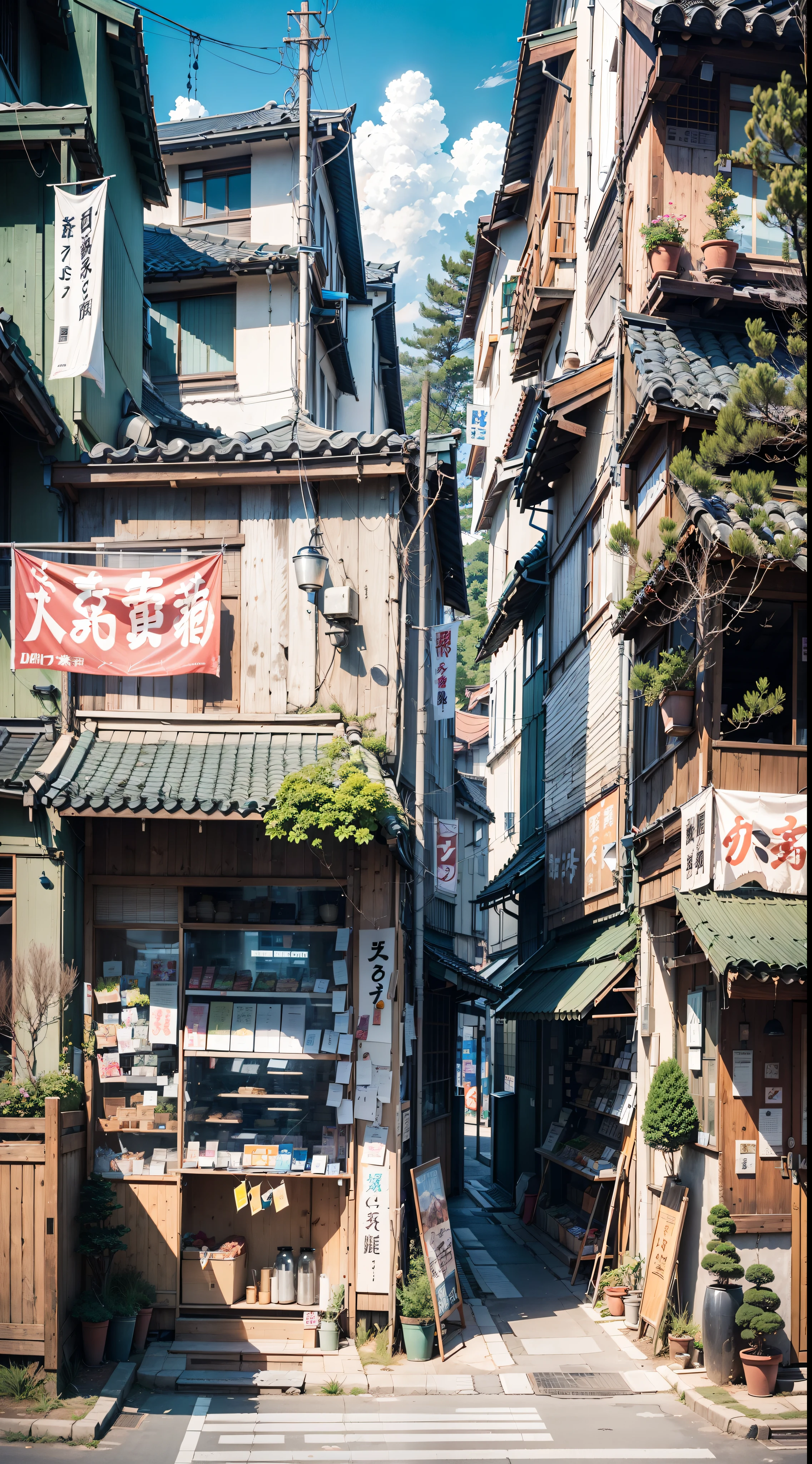 sunny, beautiful weather. modern Japanese city street, japanese shop. Best quality. No one in sight. Anime. Anime style. lofi. dramatic weather. wide view, wide angle. Next to street. Modern village