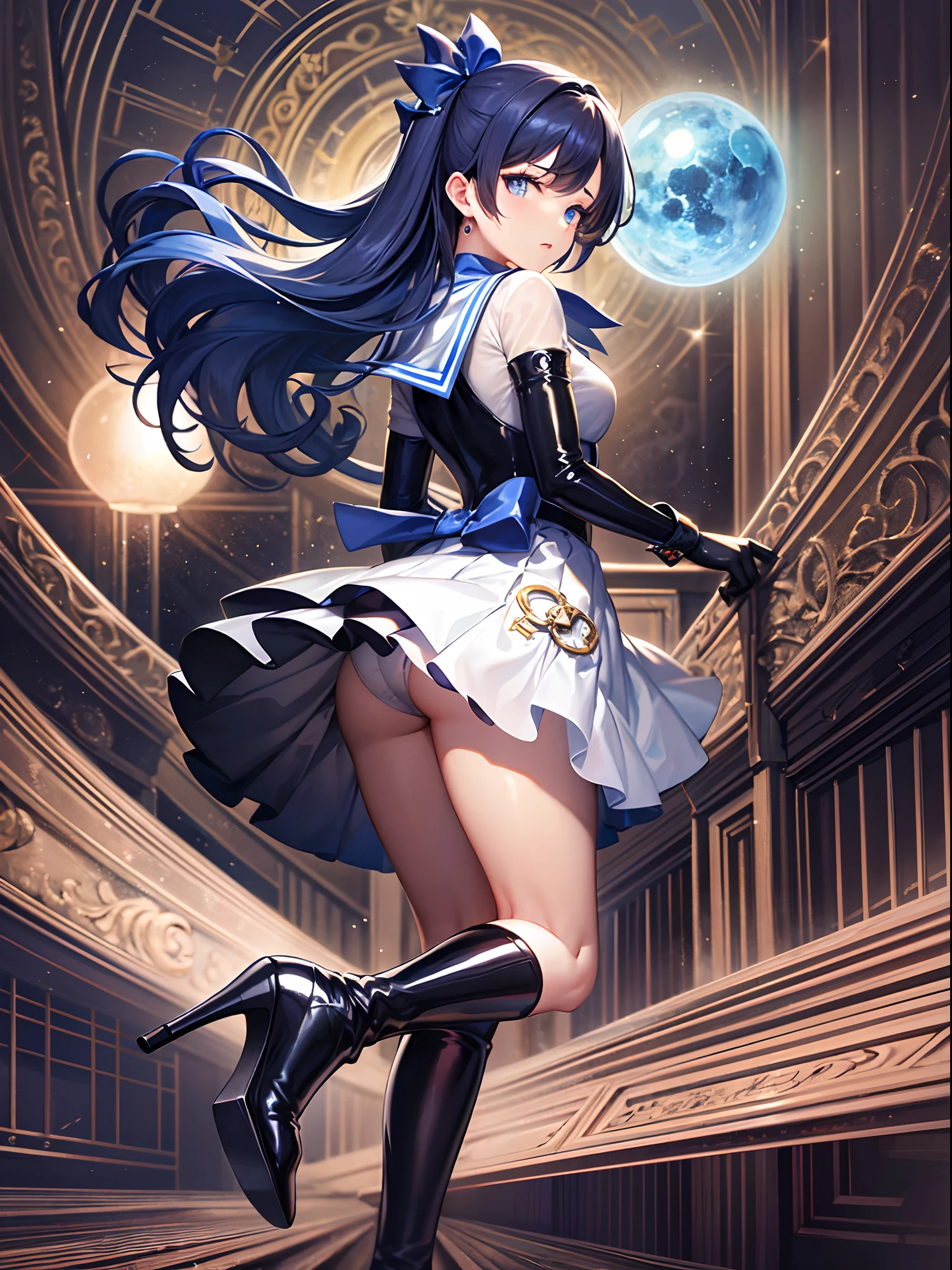 Best quality,Masterpiece,18 years old,1lady,cute  face,kawaii,bishojo,At night,Rich background,Sailor Mercury,Sailor warrior suit, Blue hair, Blue pupils,Long latex gloves,hedge,Curly hair,High heels,Long legs:1.2,tall legs:1.2,tall girl:1.1,smooth legs,smooth thighs,Slender:1.2,Thin legs,Thin thighs:1.2,standing:1.1,From behind:1.1,Full body shot:1.2,White solid blue skirt, Blue collar,The bust apron is decorated with a light blue bow, Solid blue round gemstone on bow on chest,White three-ring gloves,Blue-and-white-edged half-heeled boots,