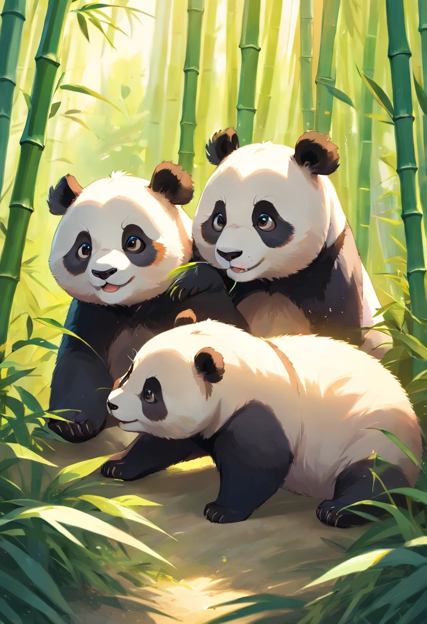 An image depicting a girl sharing bamboo with a group of adorable pandas. A cena se passa em uma floresta de bambu, onde a menina e os pandas interagem com delicadeza e deleite. The image embodies a sense of harmony and conservation.