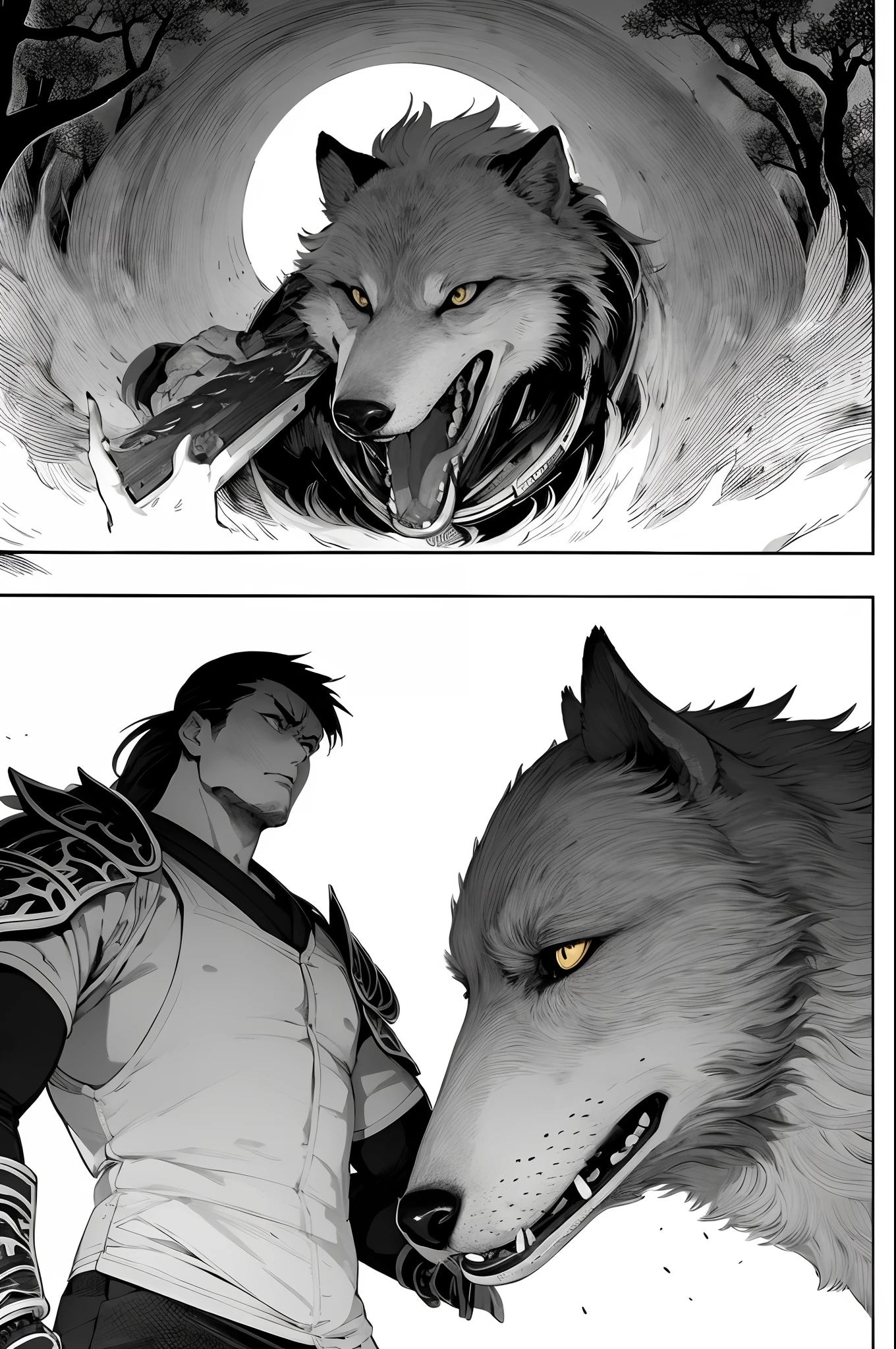 manga, a fierce warrior clad in intricate armor, wielding a mighty sword, surrounded by a pack of majestic wolves. The warrior's expression exudes determination and strength, while the wolves radiate loyalty and ferocity. The composition showcases the bond between the warrior and their animal companions, with a backdrop of a moonlit forest. Best quality, intricate details, clean lines, eye-catching composition, soft tones, anime realism, perfect illustration