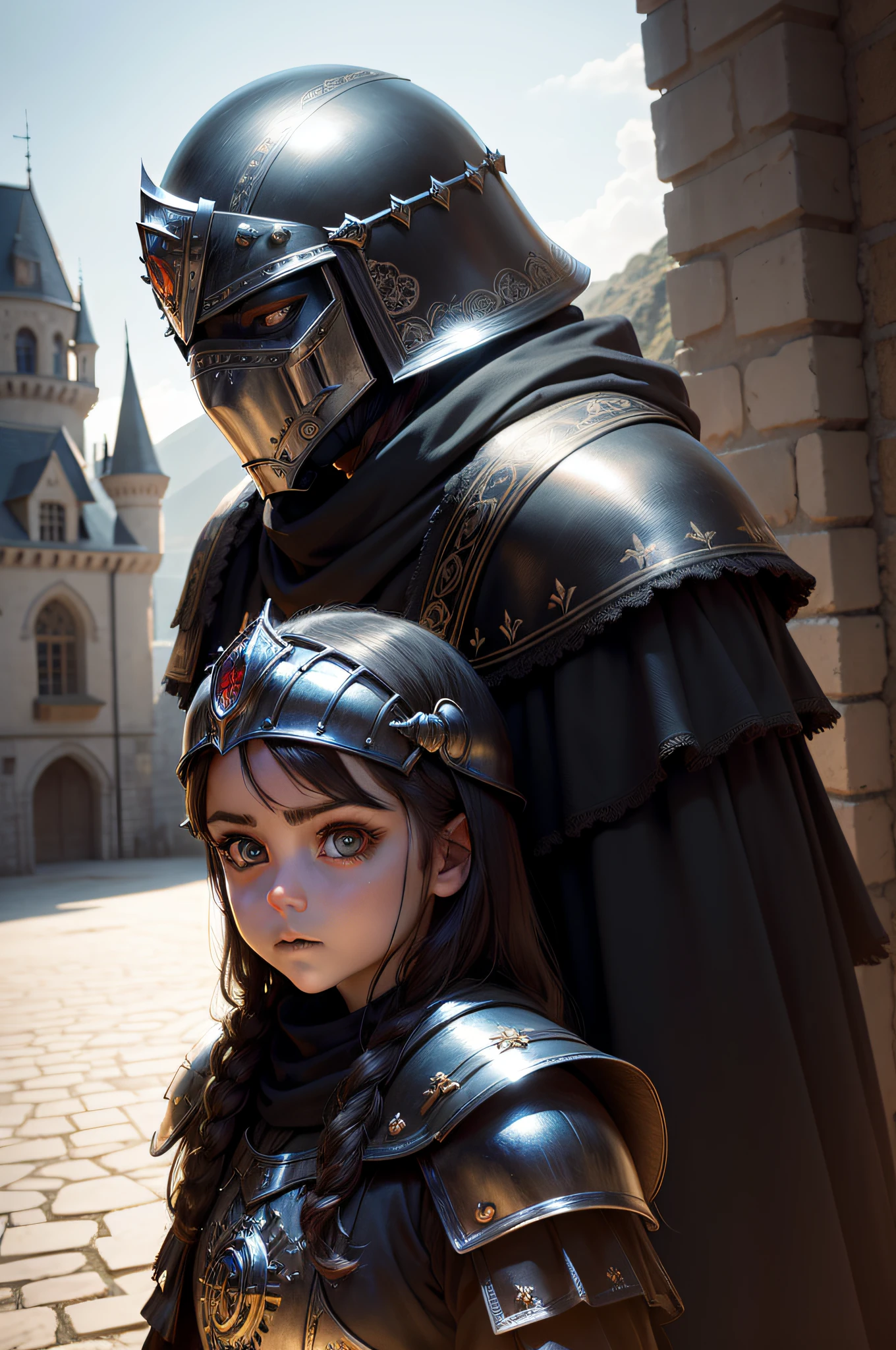 ((realistic)), cinematic shot, movie theater, photo referenced, highest quality, high quality, (detailed face and eyes:1.1), a huge knight wearing a black armor, ((intricate helmet)), face mask armor, ((big eyes)), black sclera, in the countryside, black eyes, subsurface scattering, intricate (high detail), ((cute)), (detailed skin:1.1), shiny skin, photorealism, volumetric lighting, magic circles, a castle in the background,