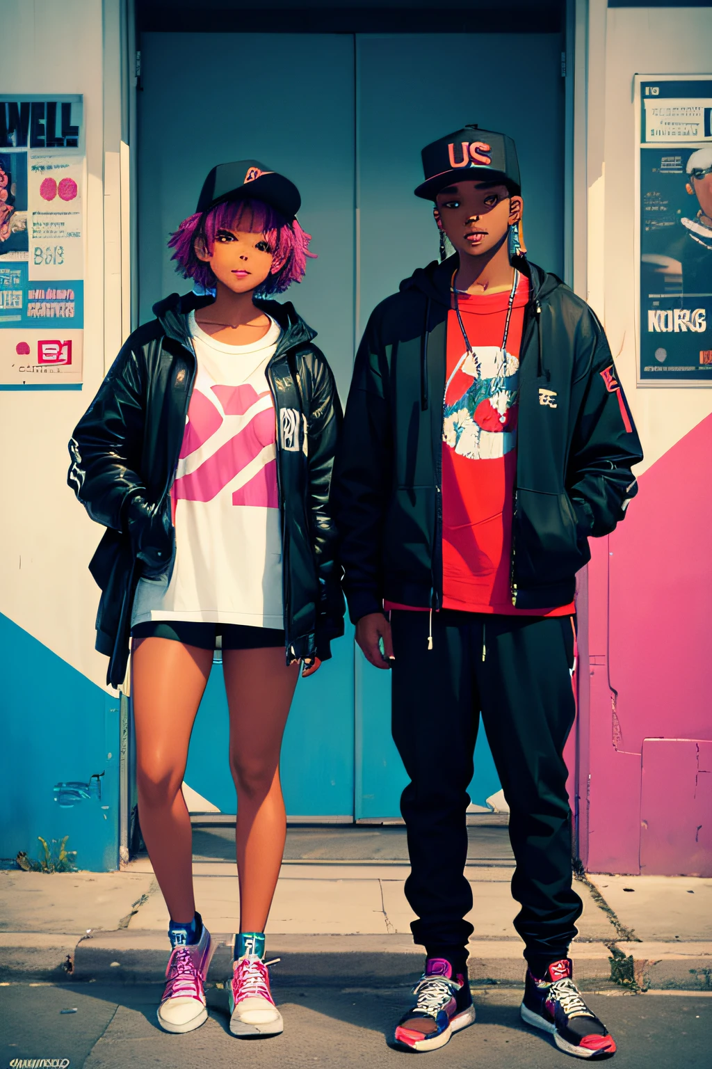 Black Boy & Black Girl, 80s Hip Hop Fashion, Urban city with graffiti