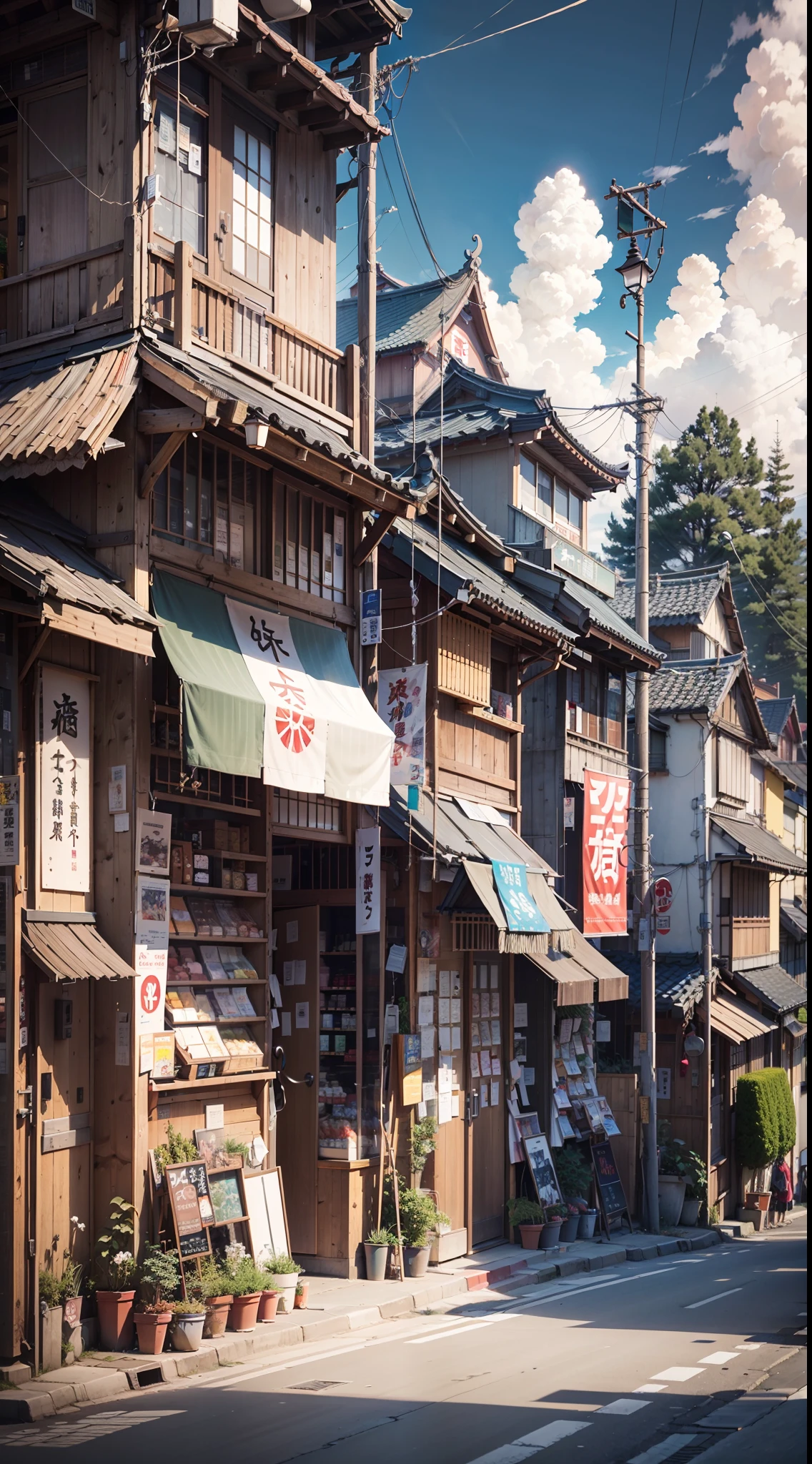 sunny, beautiful weather. modern Japanese city street, japanese shop. Best quality. No one in sight. Anime. Anime style. lofi. dramatic weather. wide view, wide angle. Next to street. Modern village