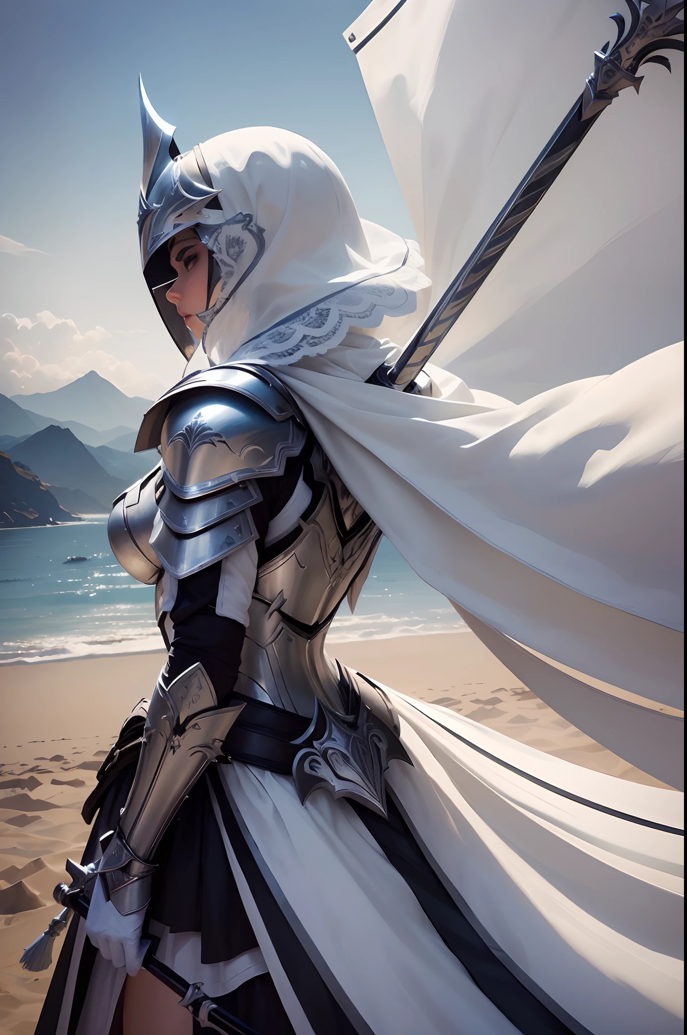 ((master part)), (((best quality))), ((ultra-detalhado)), ((illustration)),[realismo efeito de luz],Sombra,uma cavaleira，armadura，Espada gigante，nobre，Brilhe com luz，(background Negro)