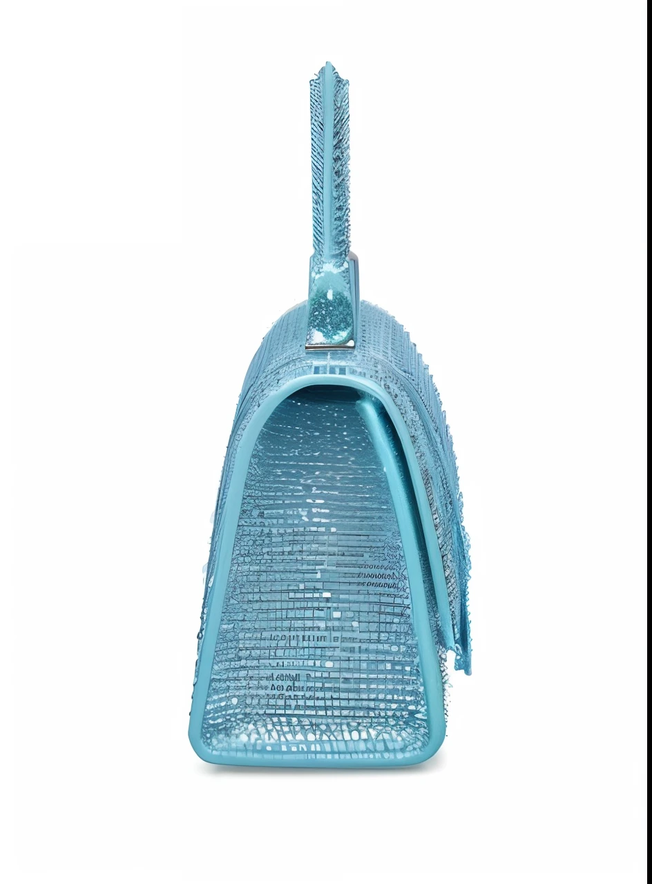 a closeup of a blue bag with a handle, vista lateral detalhes intrincados, profile close-up view, Detalhe requintado, Directed by: Gavin Hamilton, ( lado ) Perfil, azul gelo, close up tiro do lado, 3/4 vista lateral, side view, cristal incrustado, azul pastel, tiro detalhado, Requintadamente detalhado, right angled view, lado - vista