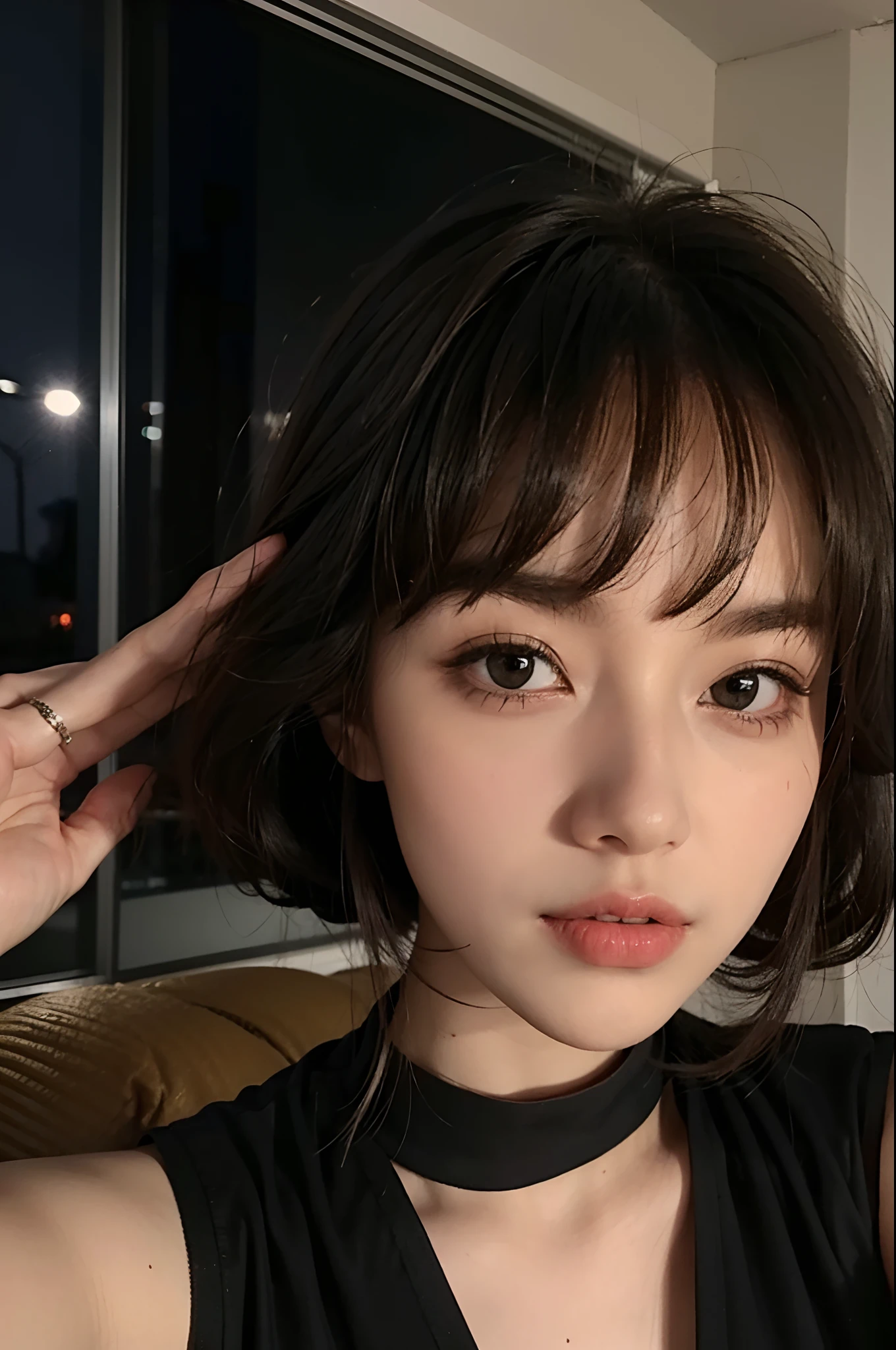 ((highest quality, 8k, Tabletop: 1.3, RAW Photos)), Sharp focus: 1.2, (1. AESPA Girl :1.1), alone, (Realistic, Realistic: 1.37), (Face Focus: 1.1), Cute face, Ultra detailed face, Short, unkempt hair, bangs, Small breasts, Flat Chest, (A neat silk camisole), Hotel Bedroom, (Lying face up on the bed: 1.3), Cinema Lighting, thigh