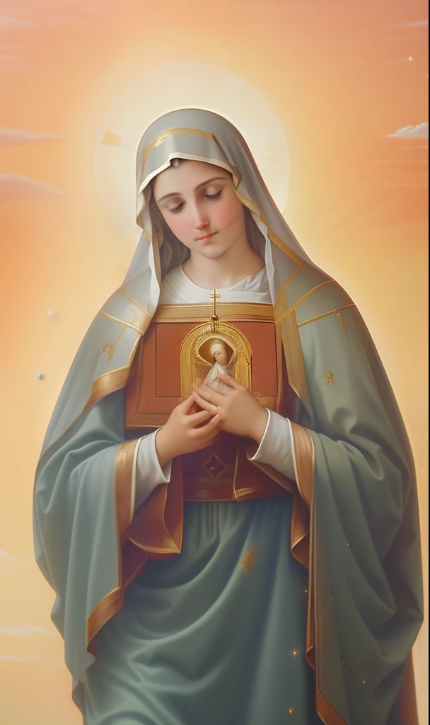 (((Blessed Virgin Mary of Mount Carmel))) Luminoso, en estilo similar al del artista WILLIAM ADOLPHE BOUGUEREAU, obra maestra, (La mejor calidad: 1.2), (super fine: 1.2), illustration, (extremadamente delicado y hermoso: 1.2), movie angle, flotante, (Hermoso ojo de detalle: 1.1), (detalle luz: 1.1), Movie Lights, Cielo delicado, ojos azules, (Cola de caballo alta: 1.1), capa, ojuelos, cielo estrellado, (light particles: 1.1) dibujo, flor. (obra maestra), (La mejor calidad), (fotorrealista:1.3), 8k, Textura detallada de la piel, Textura detallada de la tela, hermosa cara detallada, Detalles intrincados, ultra detallado (cuerpo de cuerpo entero:1.2)
